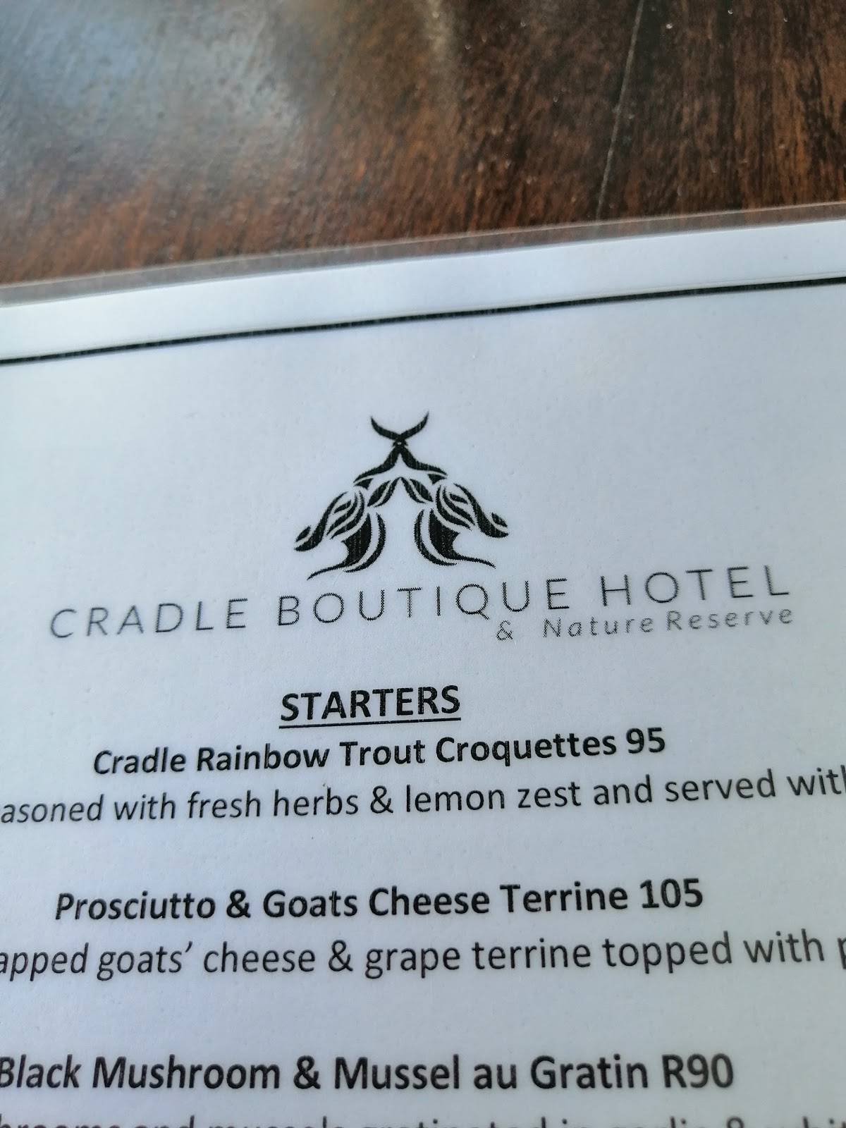 Menu at The Cradle Restaurant at Cradle Boutique Hotel, Krugersdorp