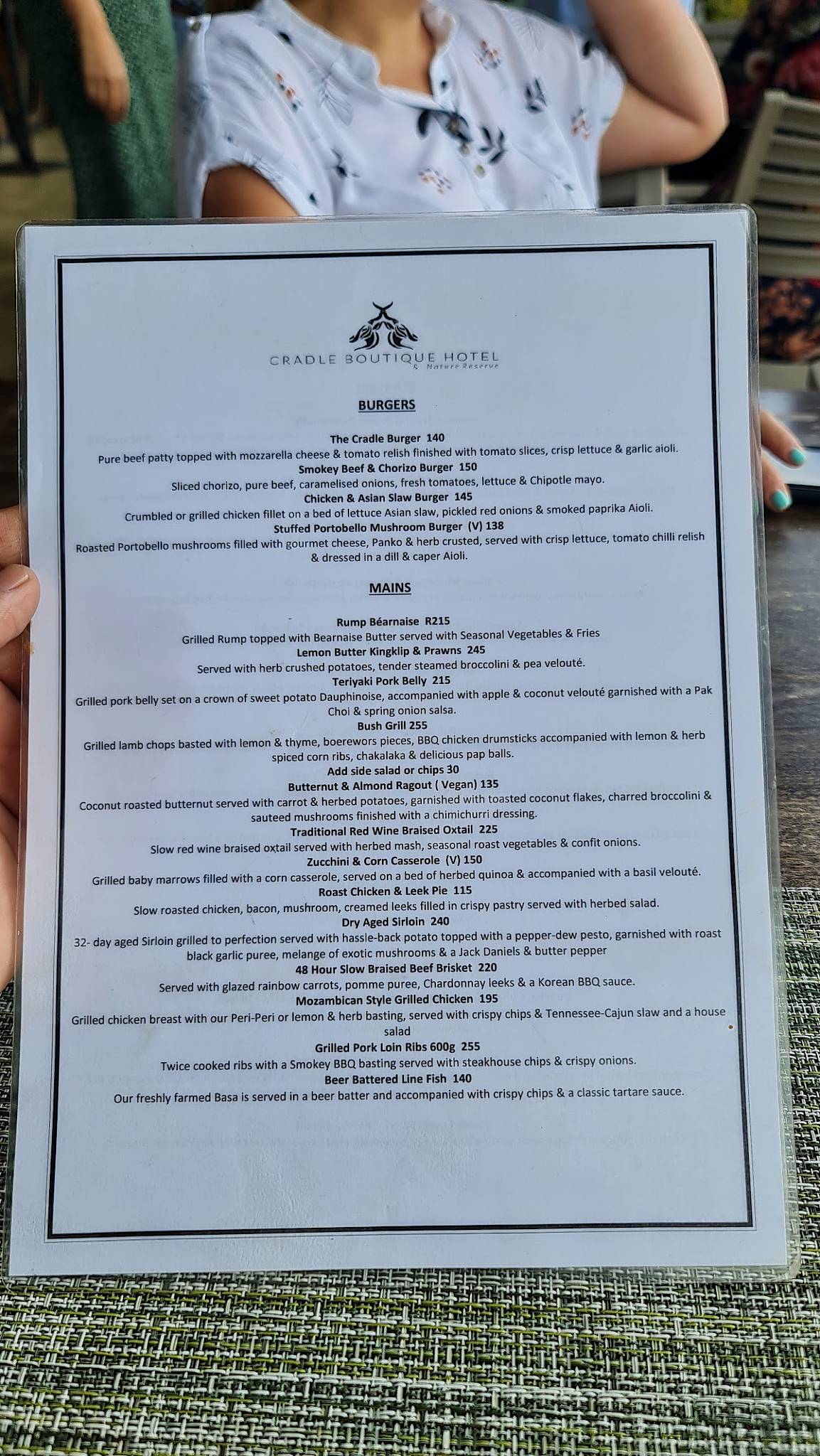 Menu at The Cradle Restaurant at Cradle Boutique Hotel, Krugersdorp