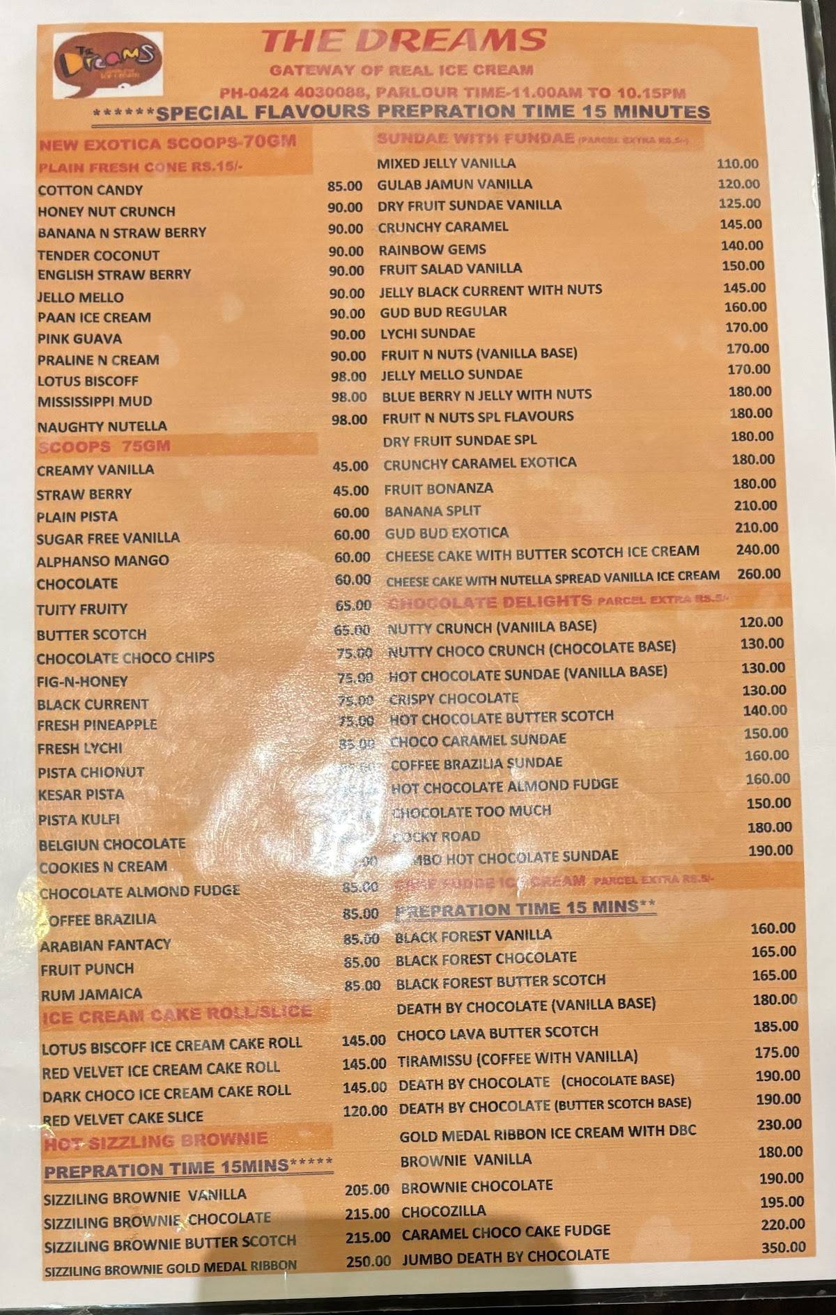 The Dreams - Ice Cream Parlour in Erode menu
