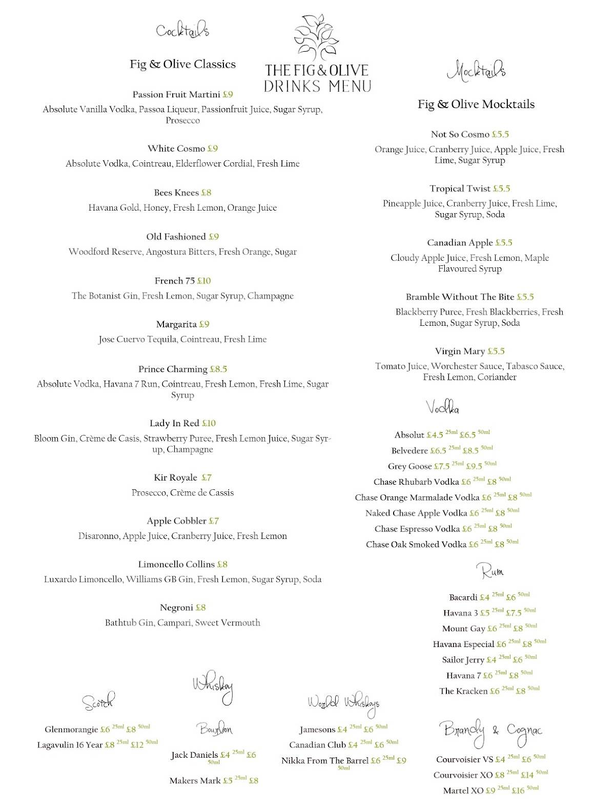 Menu at The Fig & Olive restaurant, Tamworth