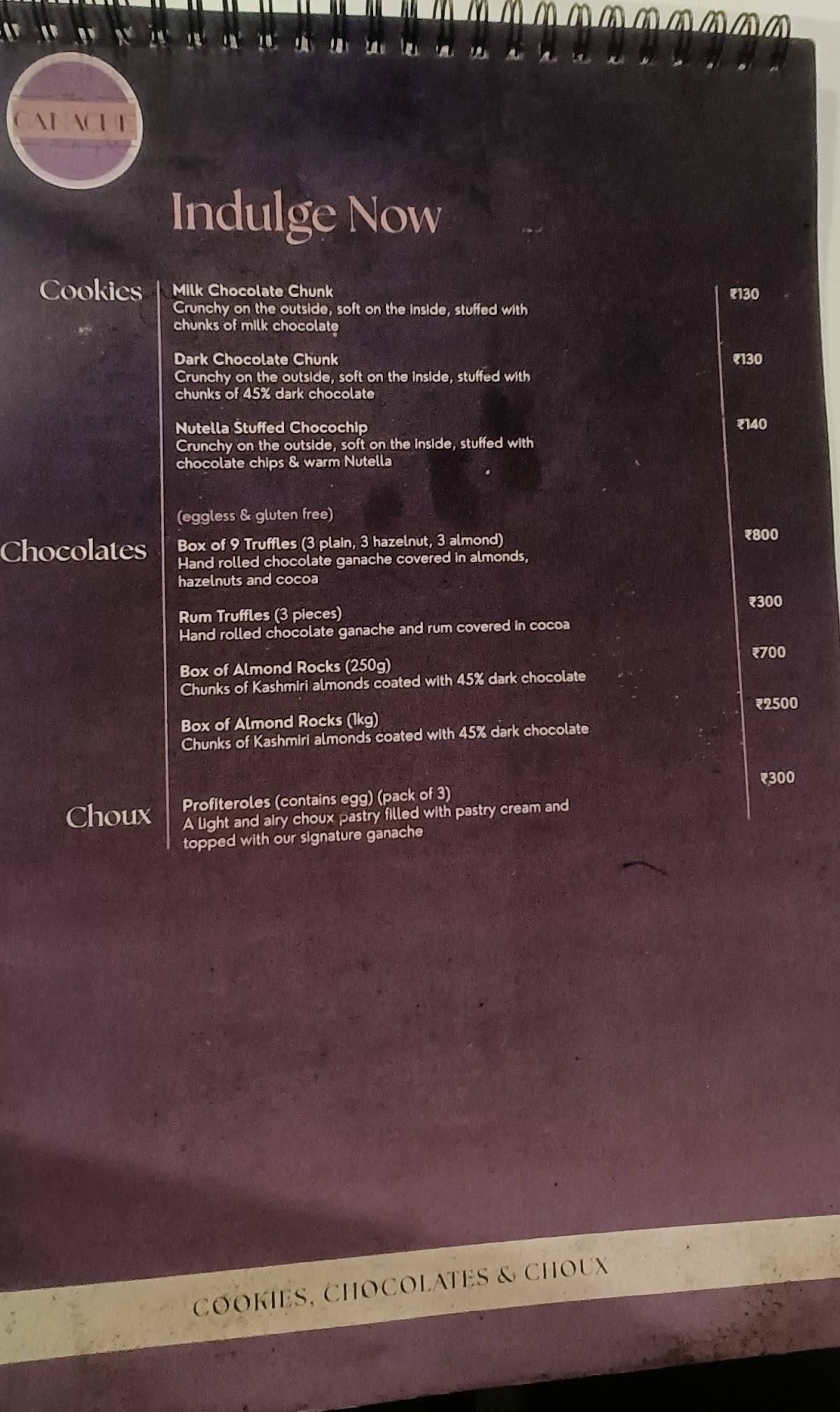 The Ganache Factory menu