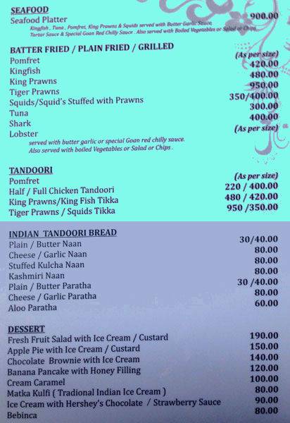 The Mango Grove Bar & Restaurant menu