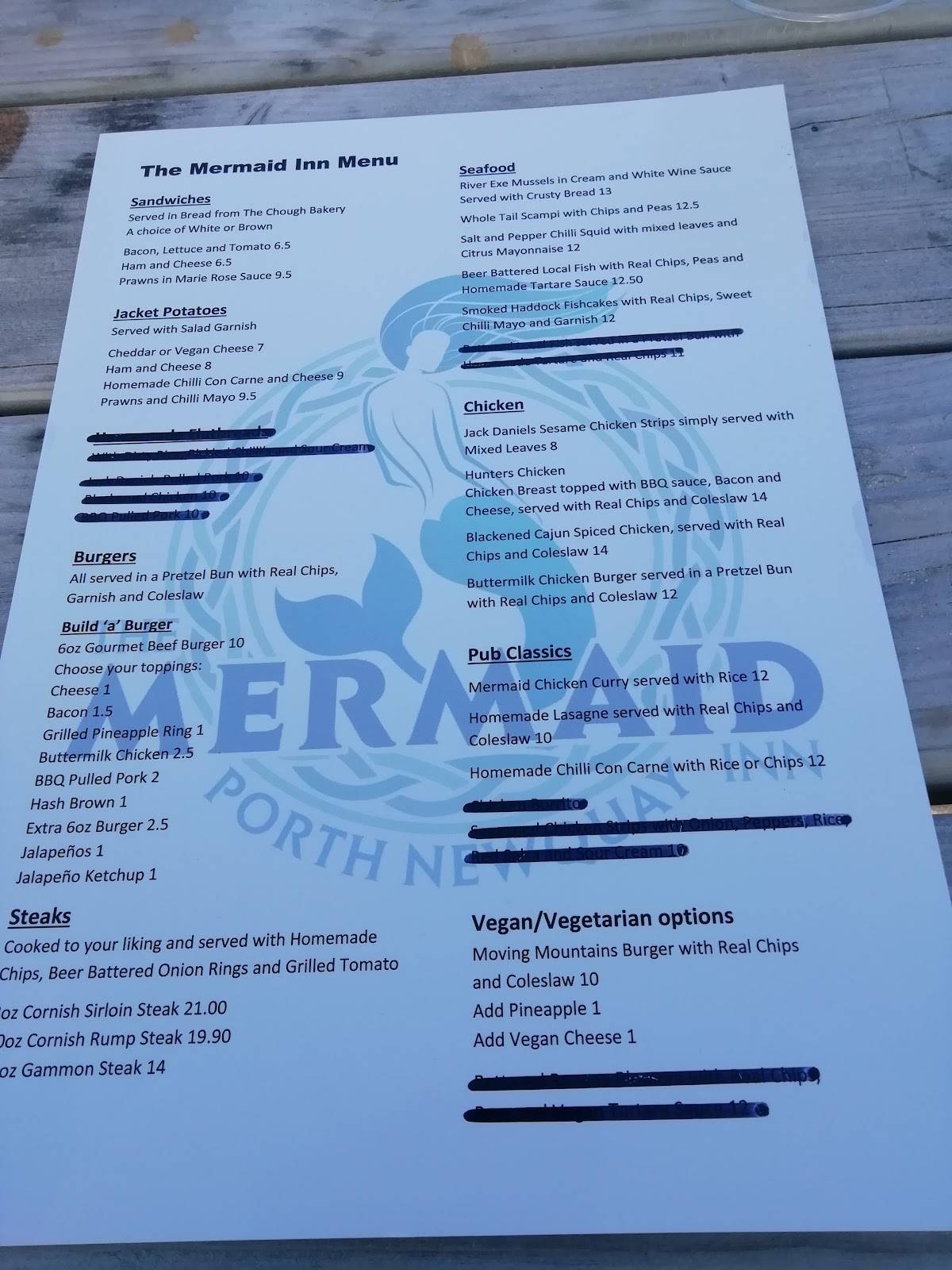 Carta del pub y bar The Mermaid Inn, Newquay
