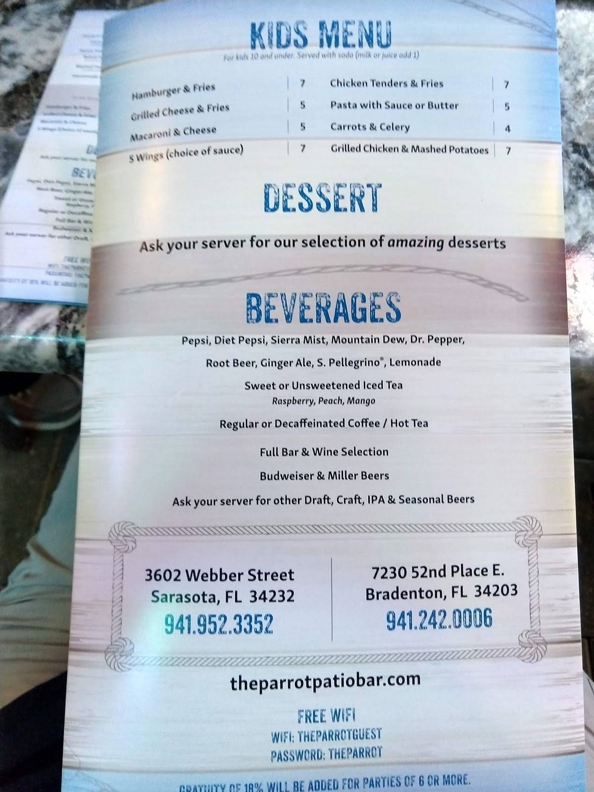 Menu at The Parrot Patio Bar & Grill, Bradenton