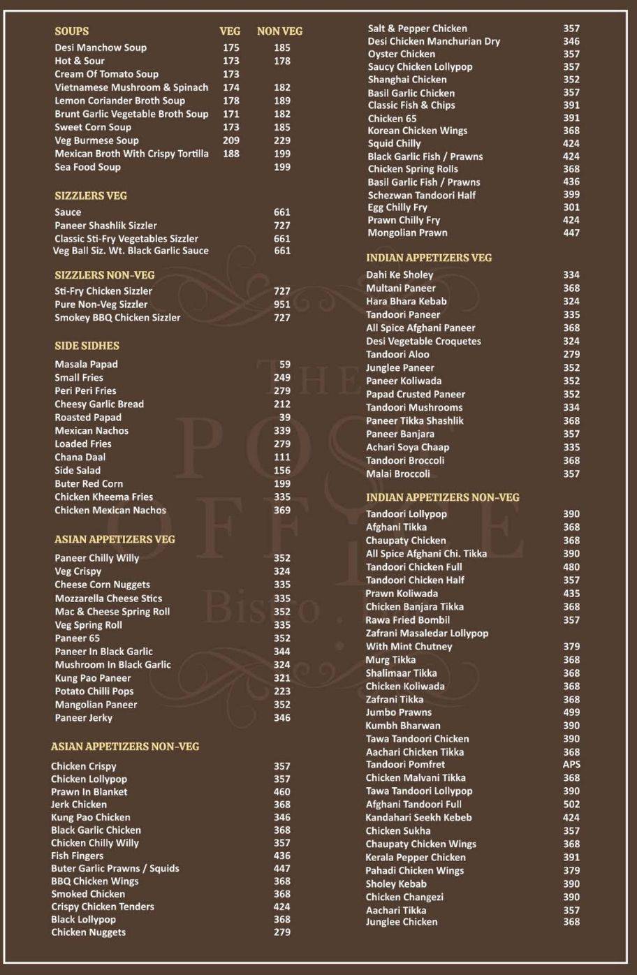 The Post Office Restaurant & Bar menu