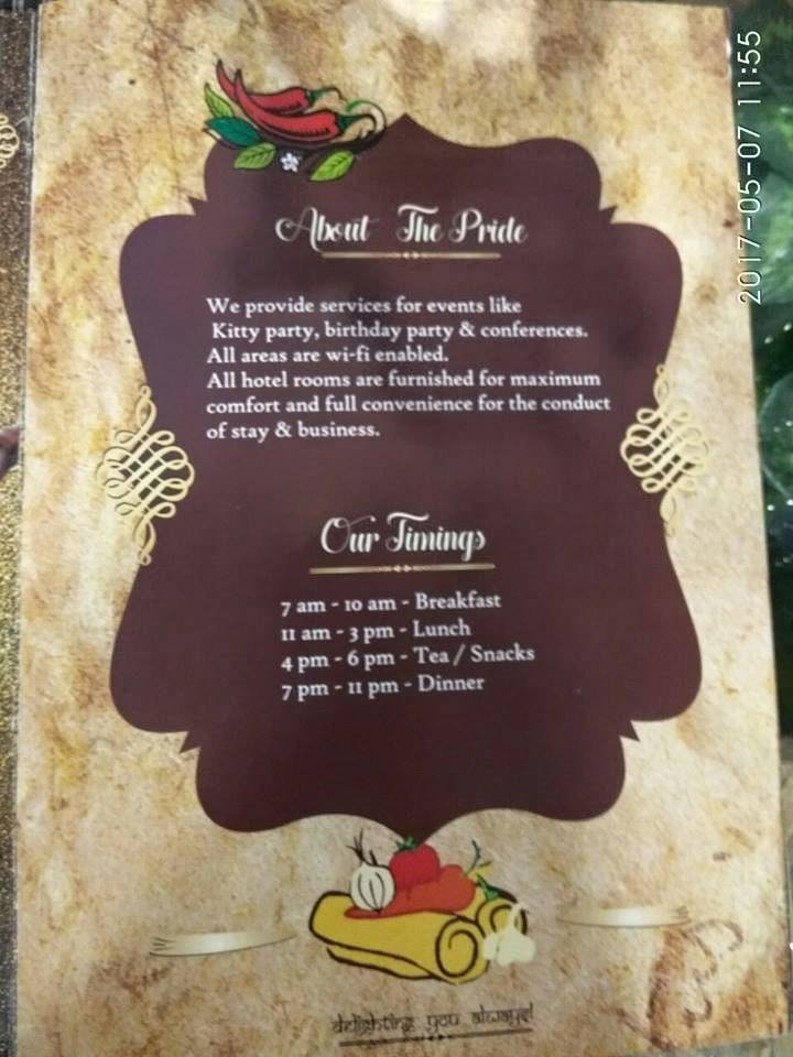 The Pride Restaurant menu