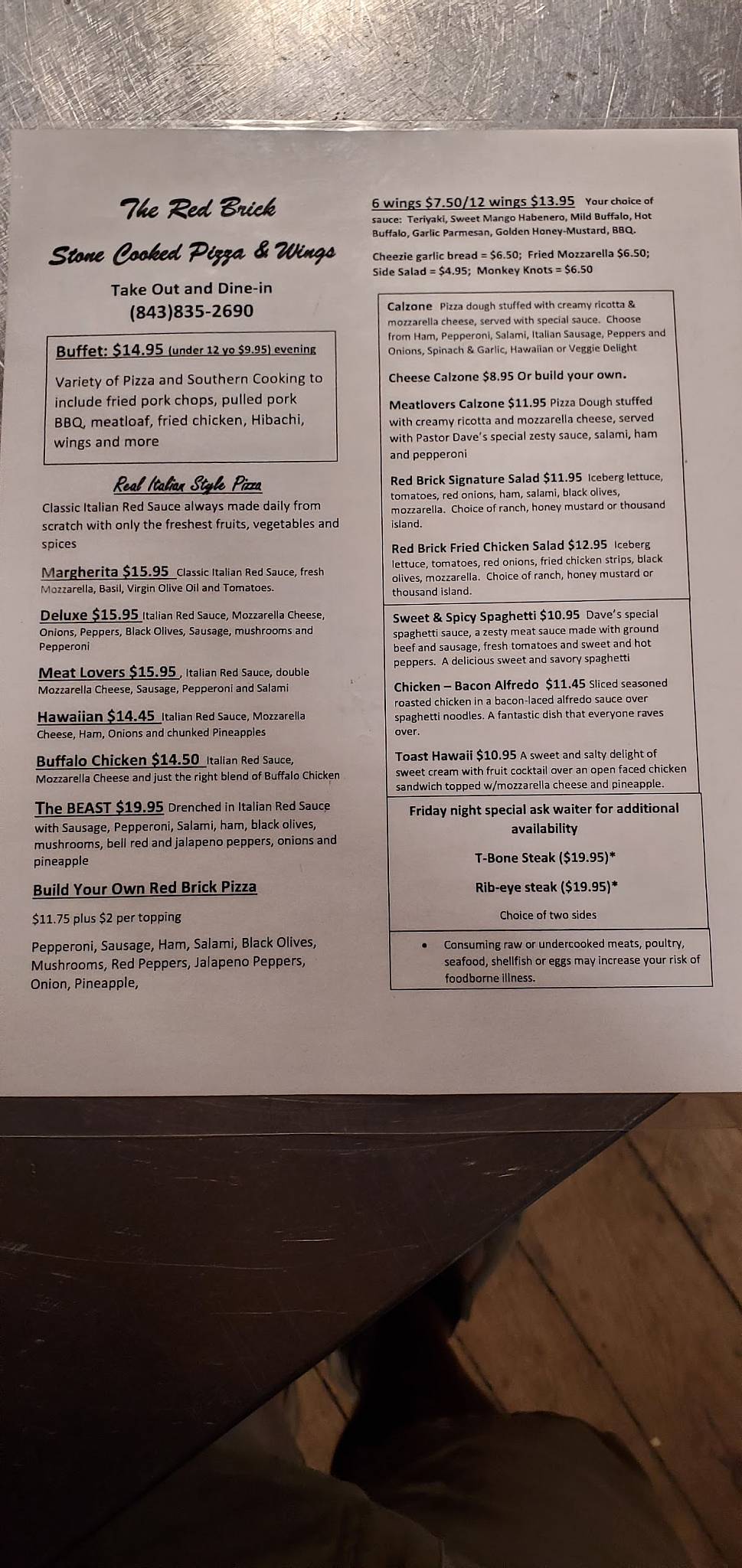 Menu at The Red Brick Pizza and Wings pizzeria, Cottageville