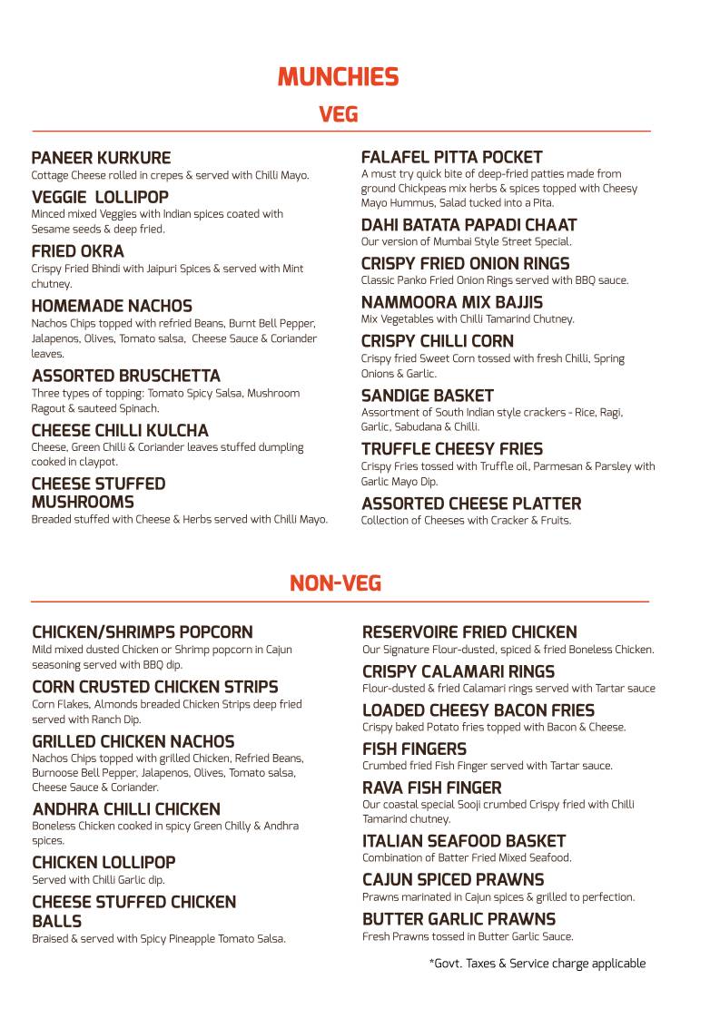 The Reservoire Koramangala menu