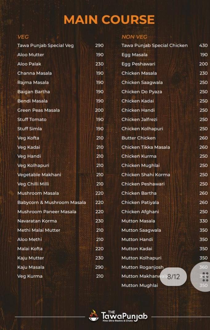The Tawa Punjab menu