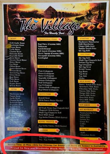 The Village Hotel menu