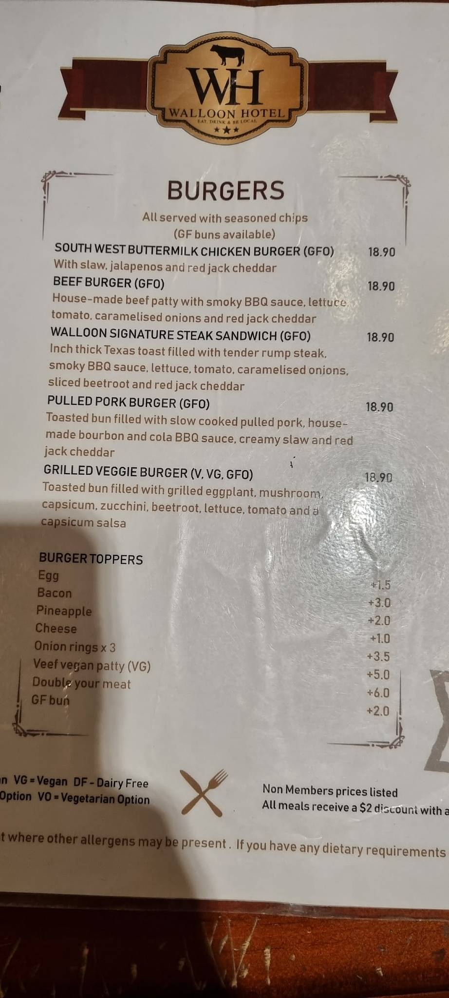 Menu at The Walloon Hotel restaurant, Walloon