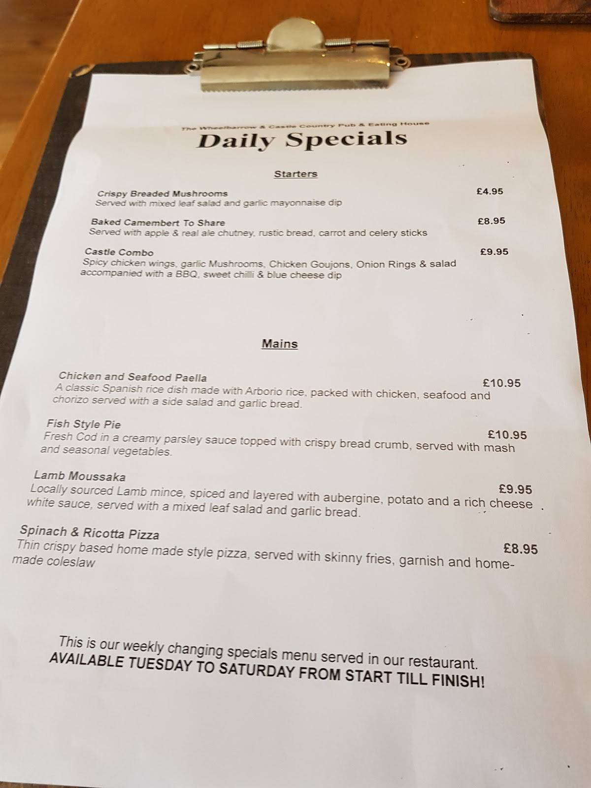 Menu at The Wheelbarrow Castle, Inkberrow
