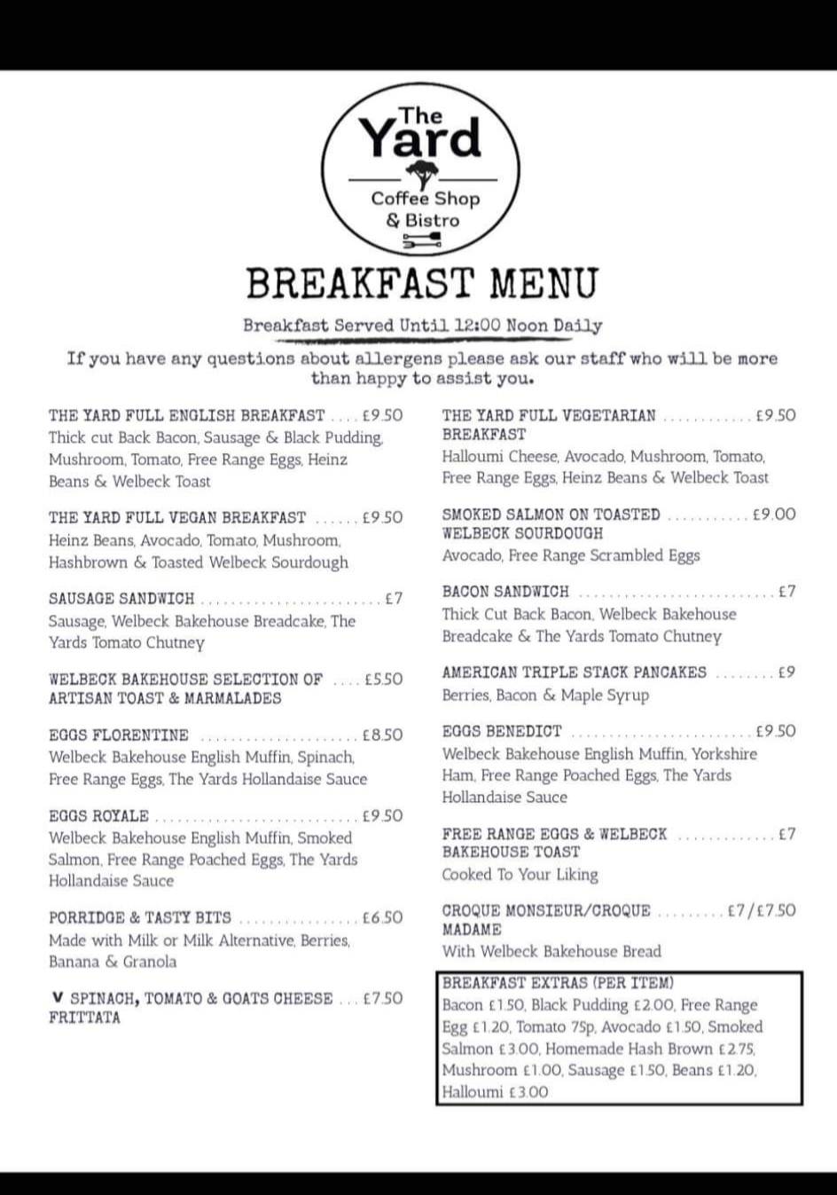 Menu at The Yard Bistro cafe, Rotherham