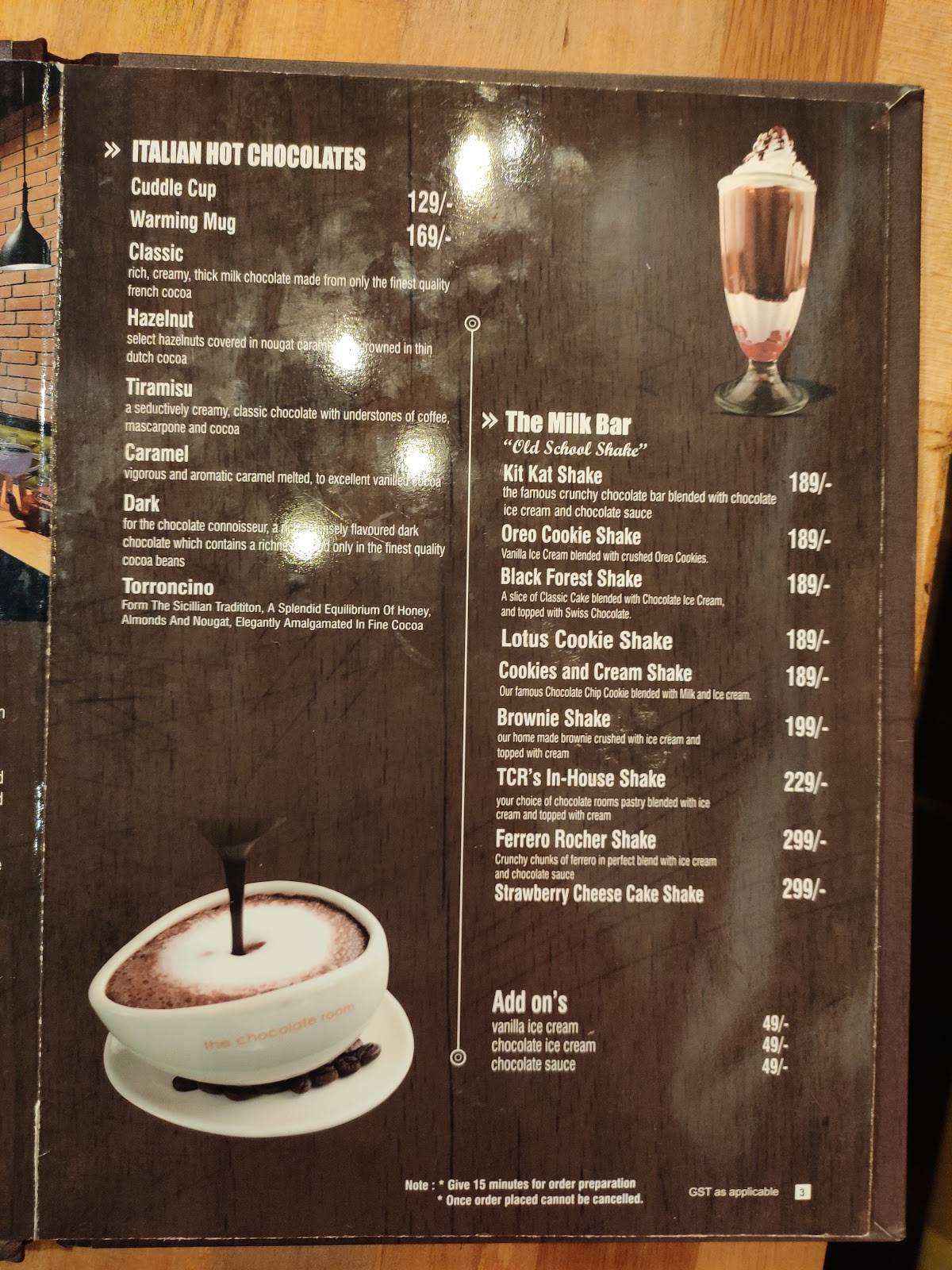 The chocolate room menu