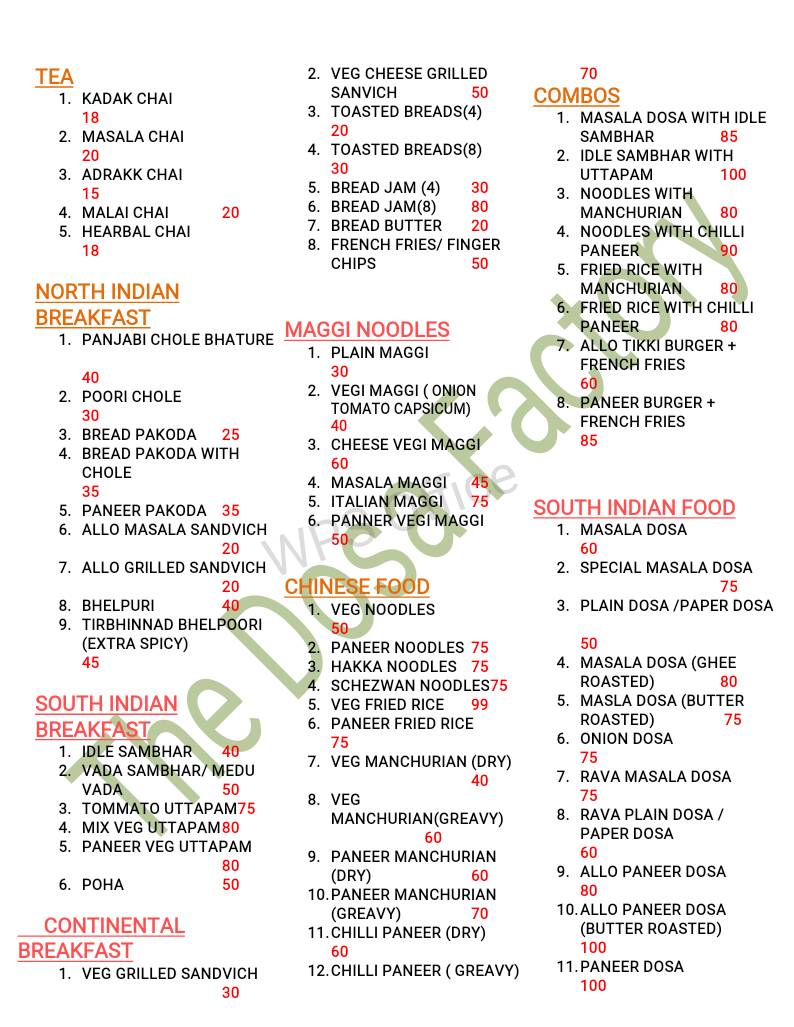 The dosa factory menu