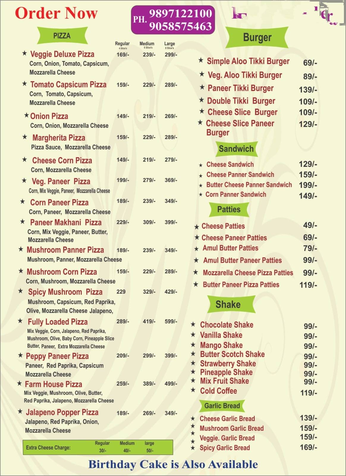 The pizza point menu