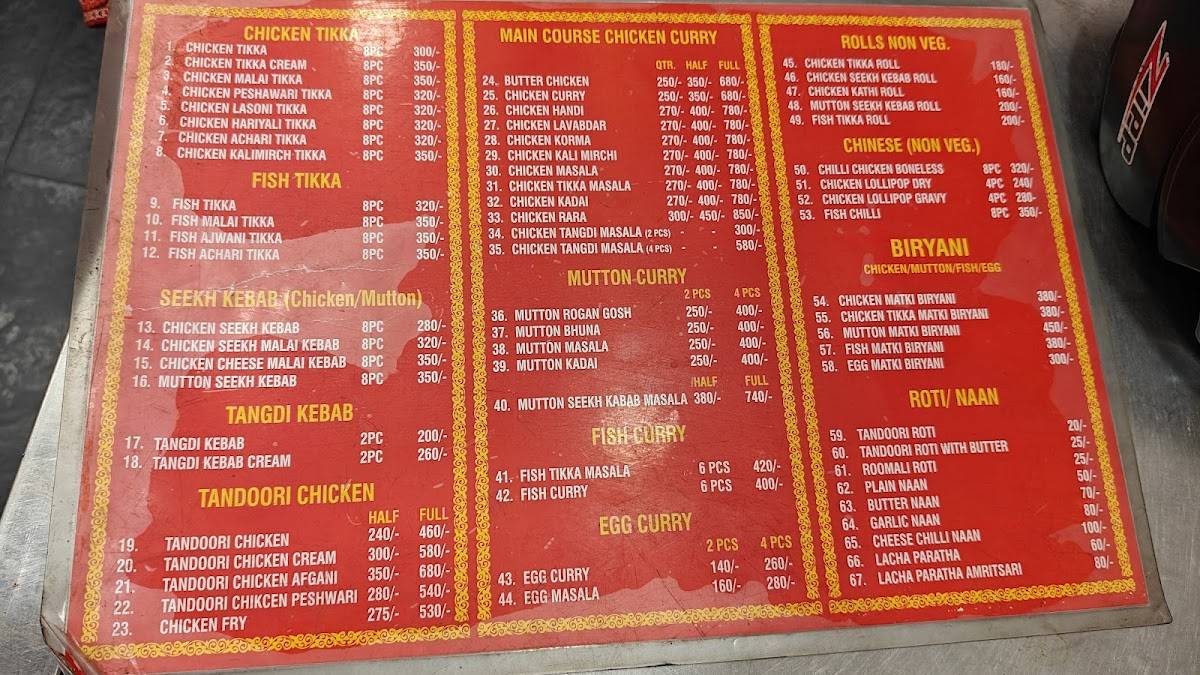 Tikka Kabab menu