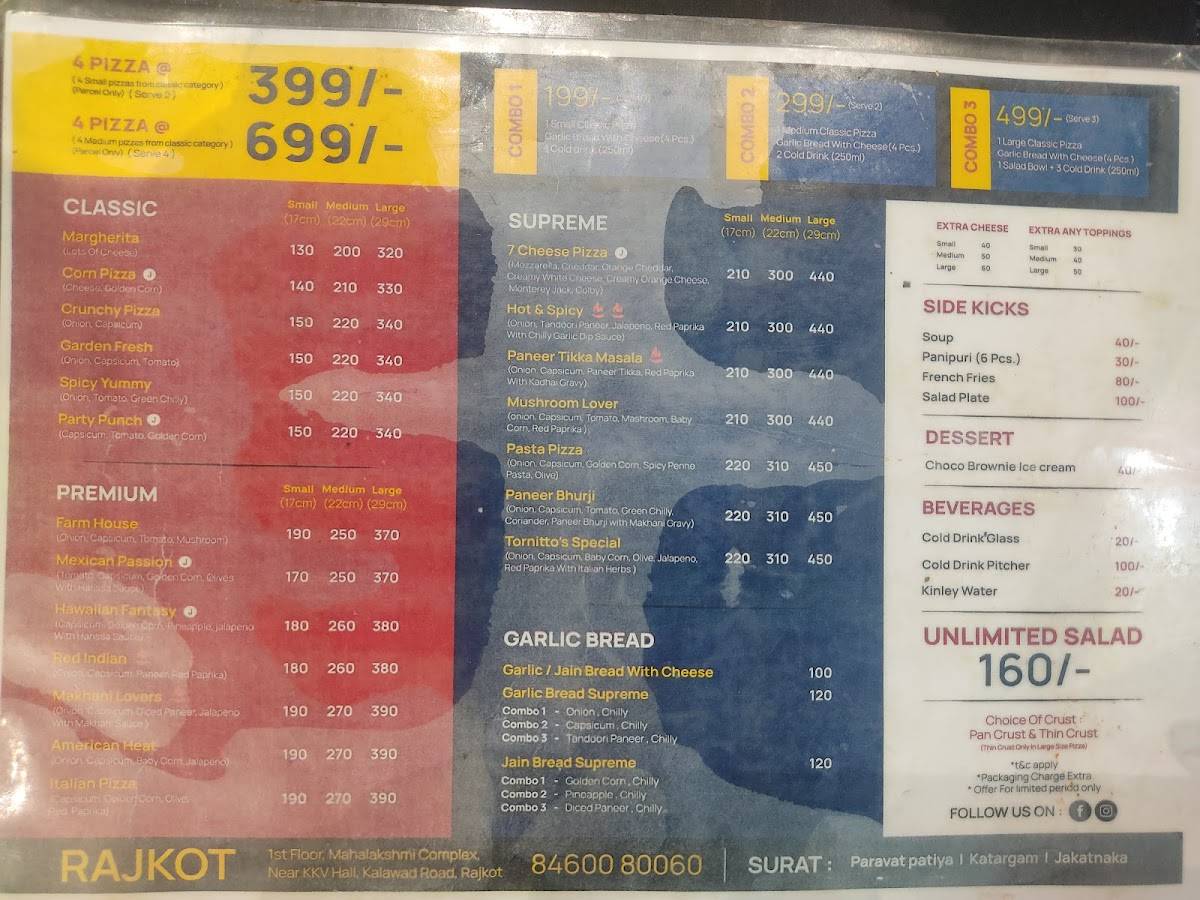 Tornitto's Pizza menu