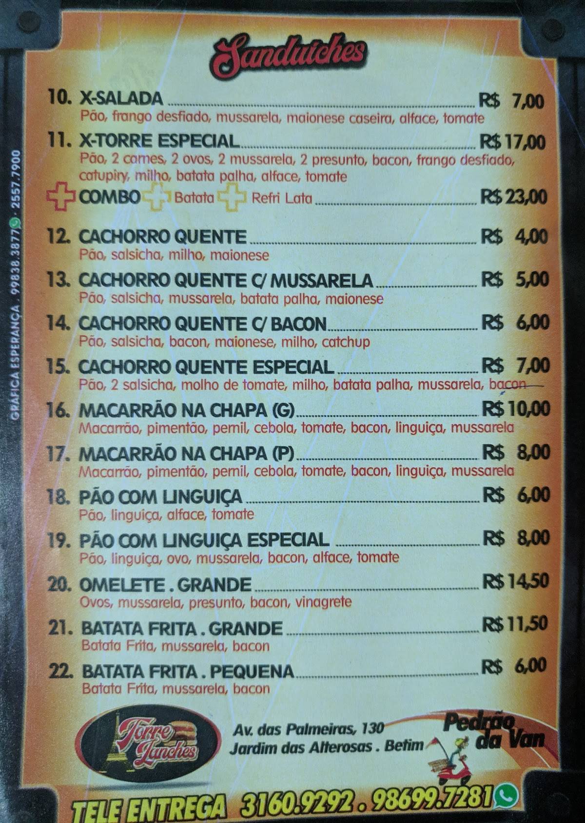 Torre lanches cardápio