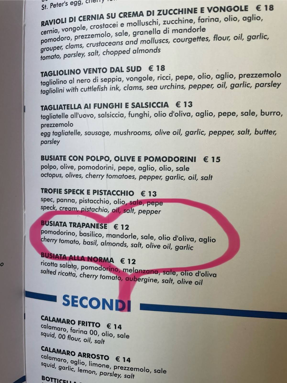 Menu de Trattoria Vento dal Sud