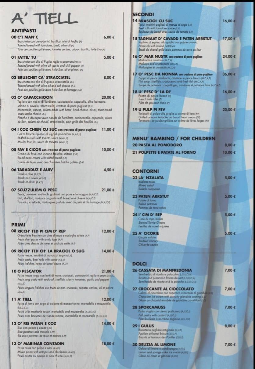 Menu di Trattoria tipica Pugliese A'Tiell 