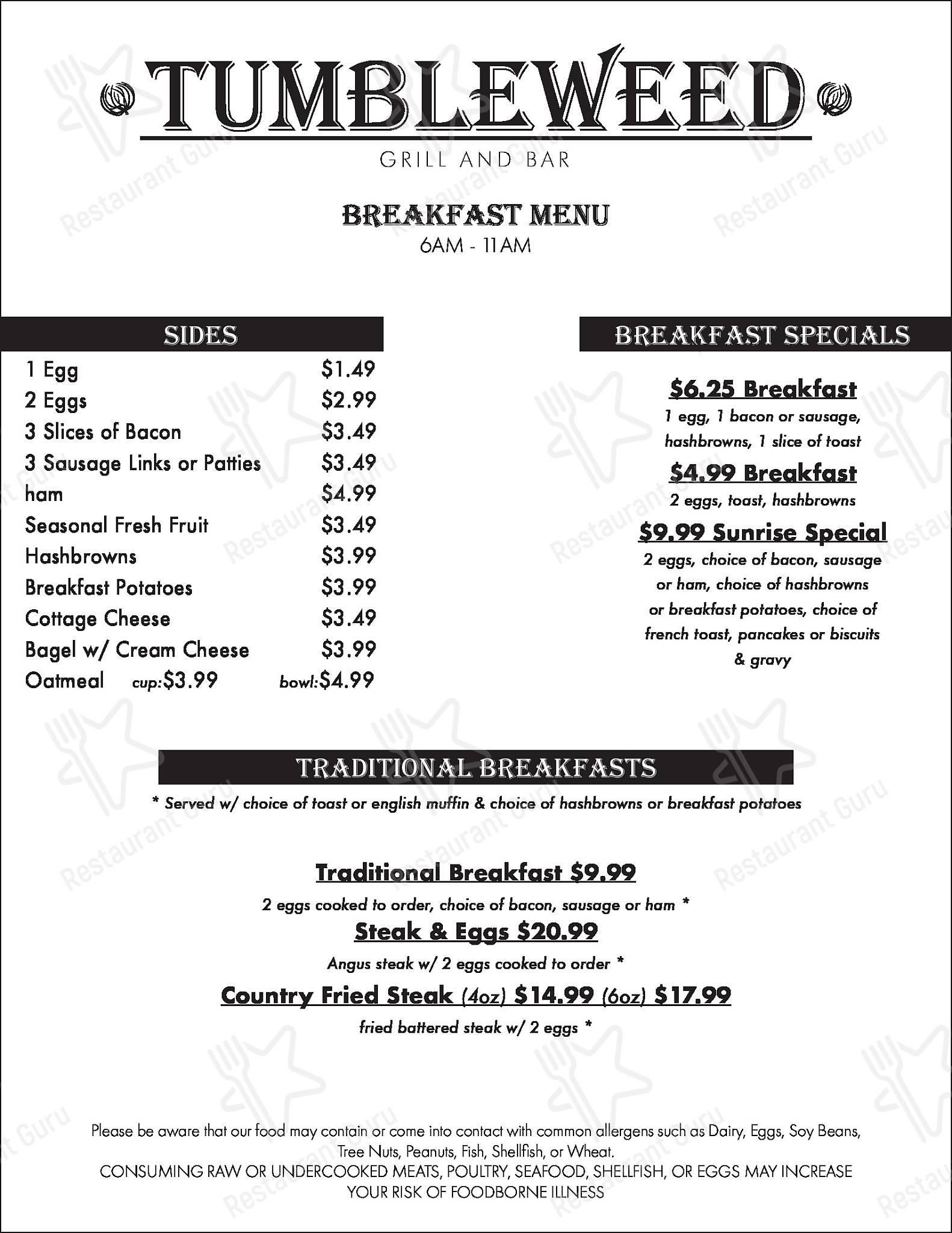 Menu at Tumbleweed Grill & Bar / Gold Rush Saloon, Apache Junction