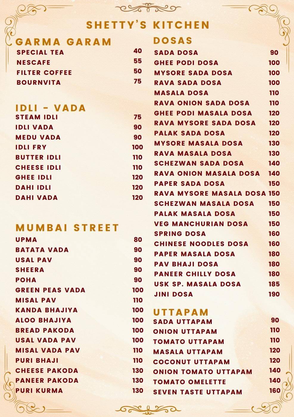 Udupi Shri Krishna menu
