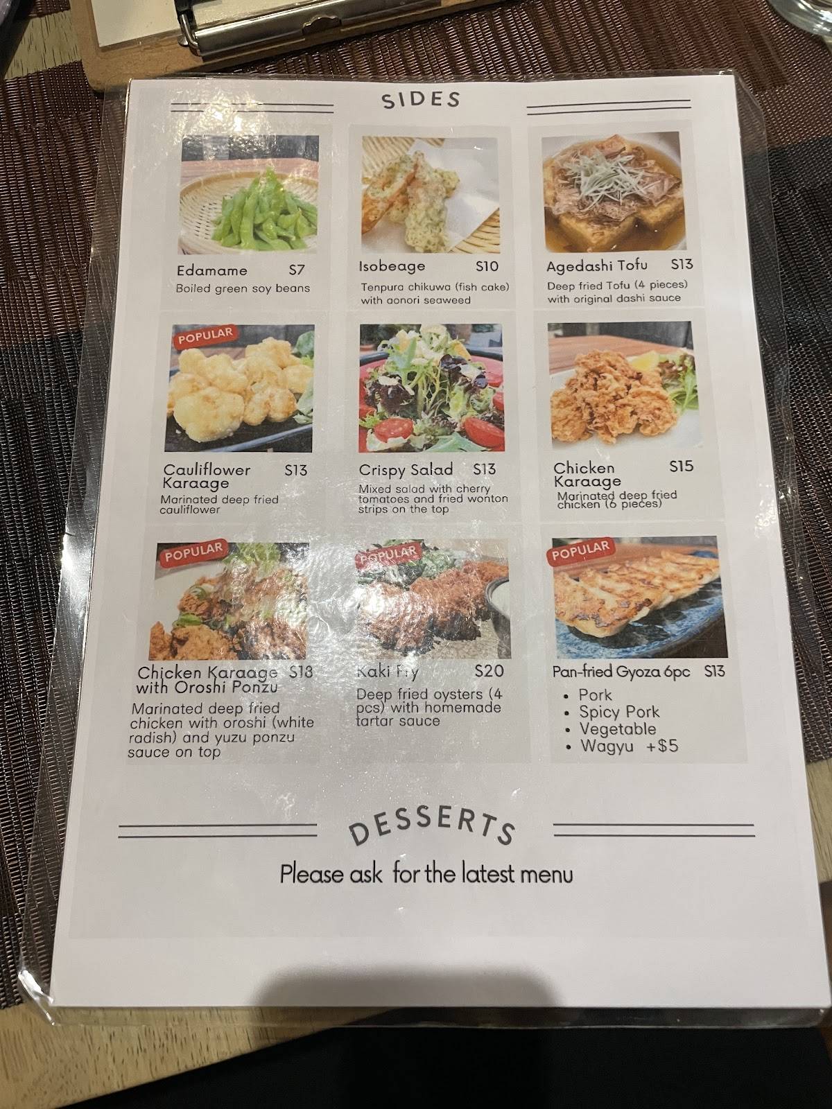 Menu at Umami Dojo restaurant, Pyrmont