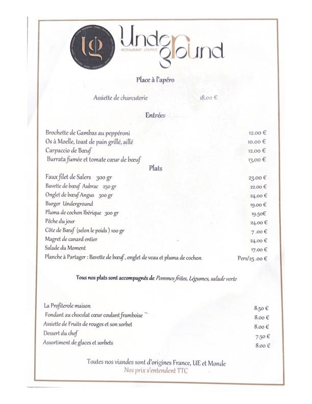 Menu de Underground Restaurant - Lounge