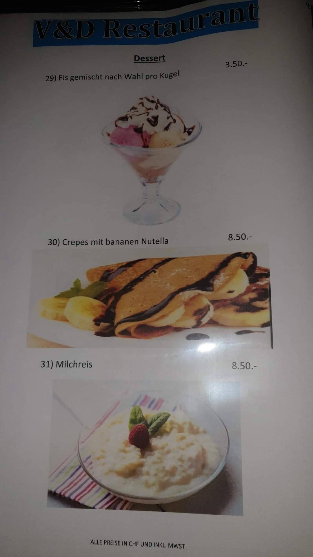 Menu di V&D Restaurant Basel 