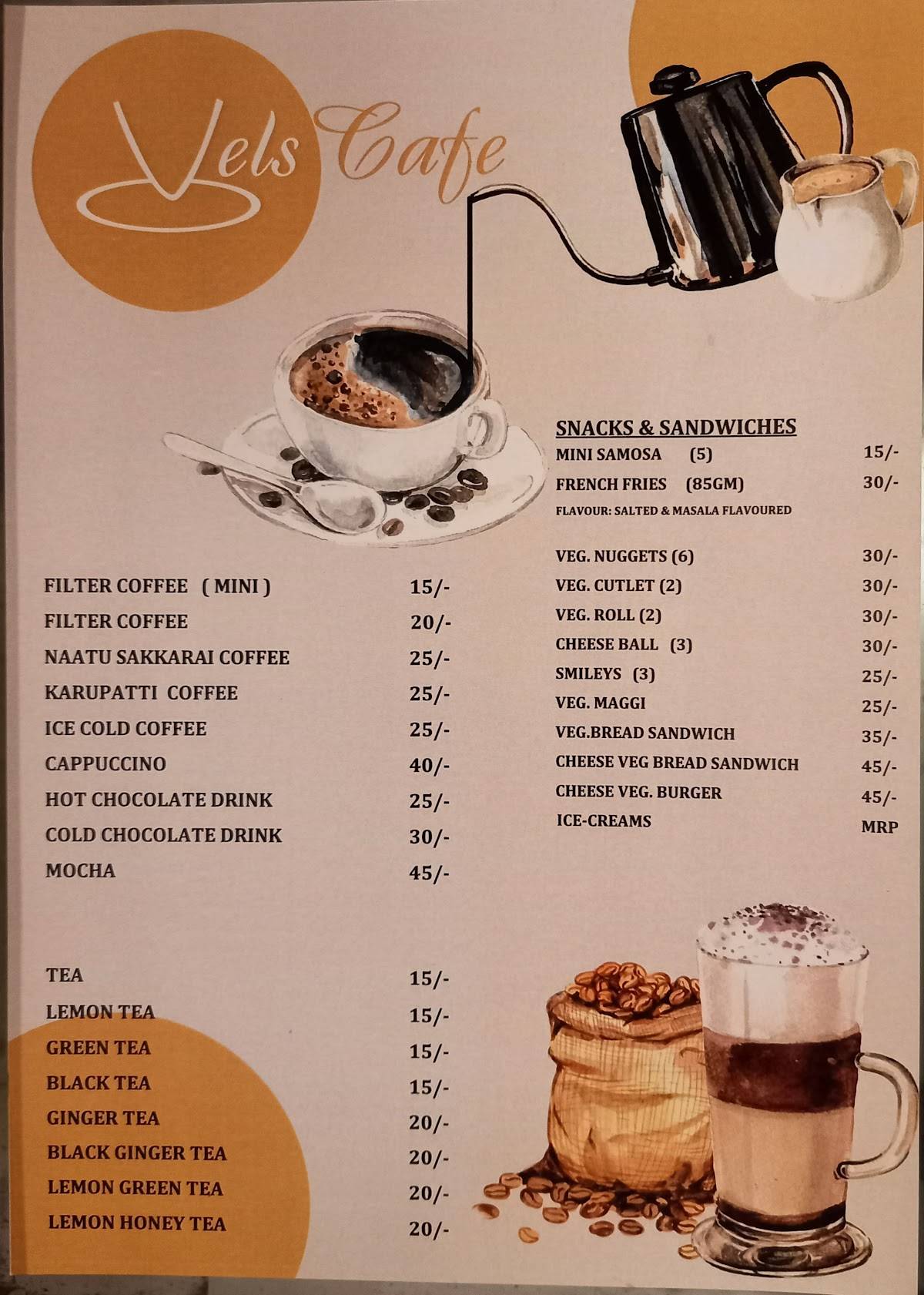 Menu at VELS CAFE, Chennai