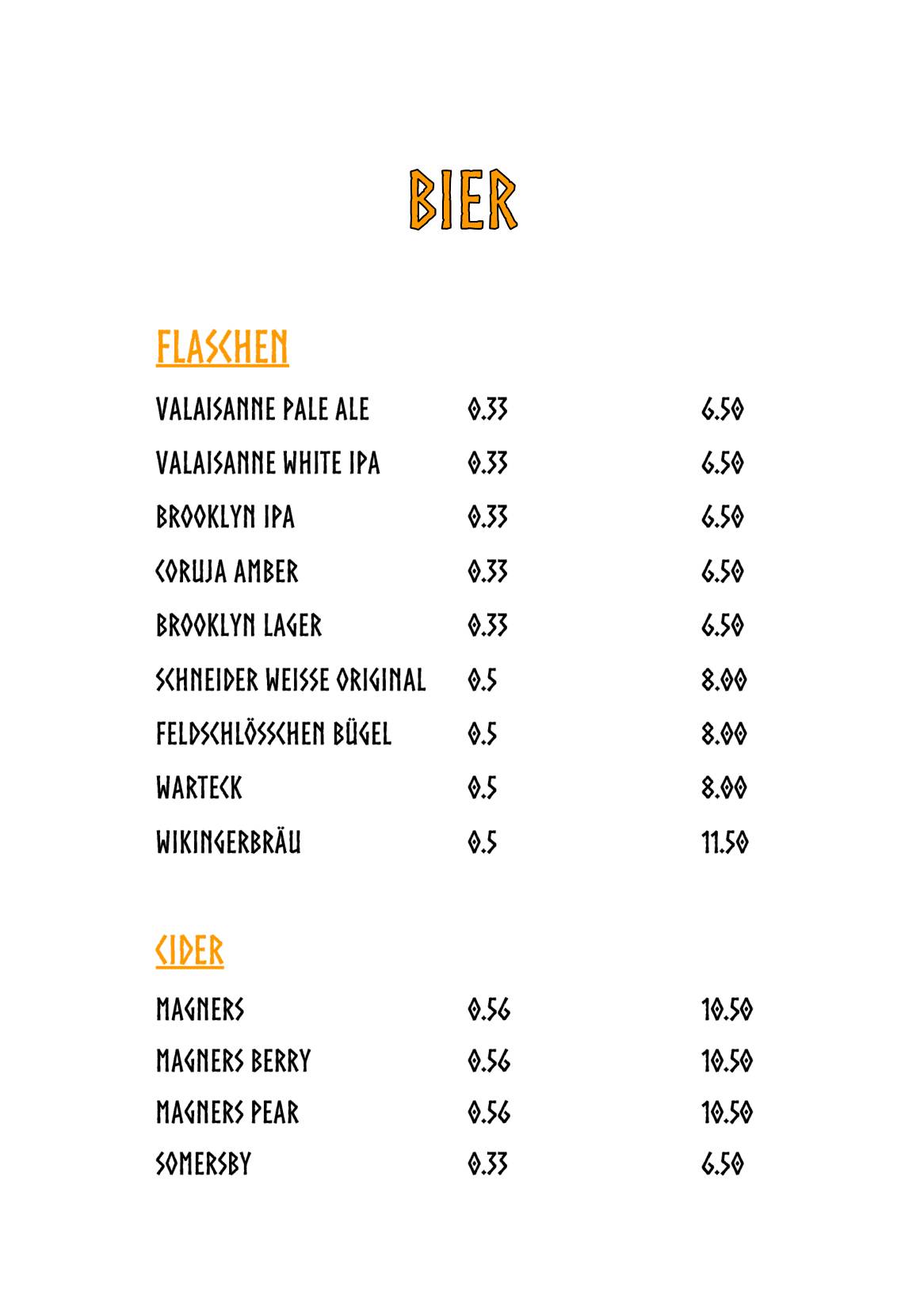 Menu di Valhalla Bar Basel 