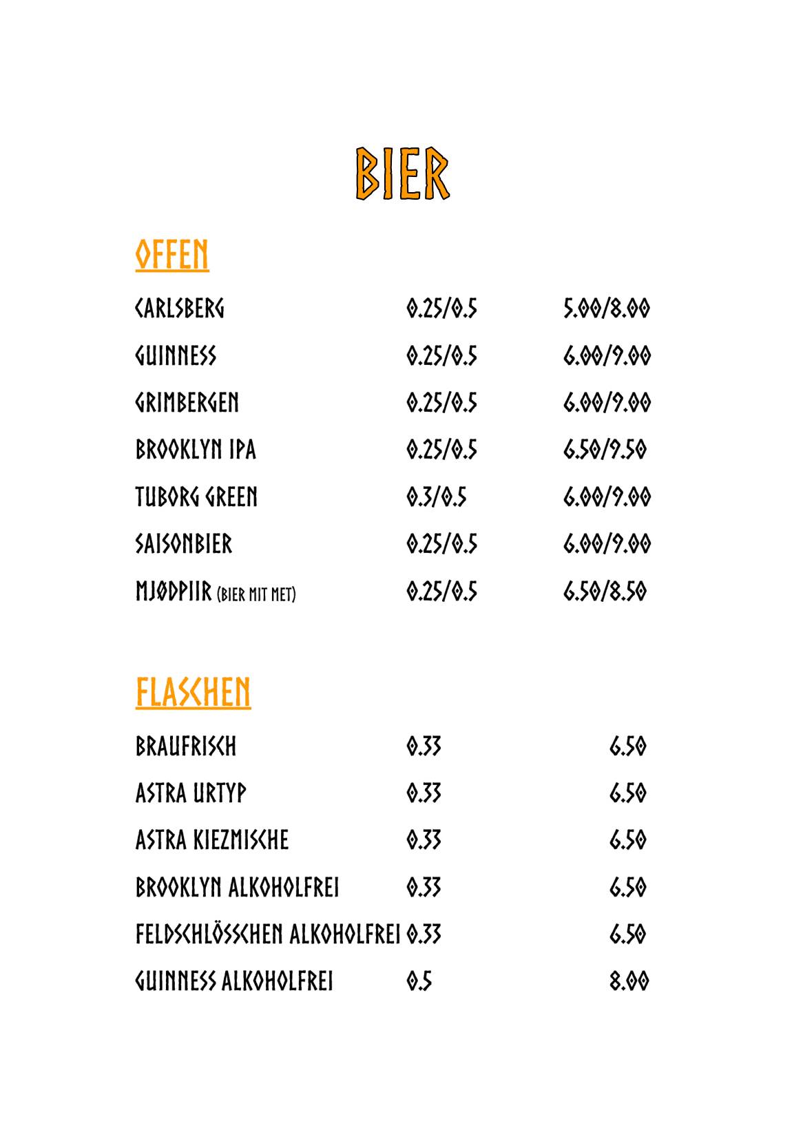 Menu di Valhalla Bar Basel 