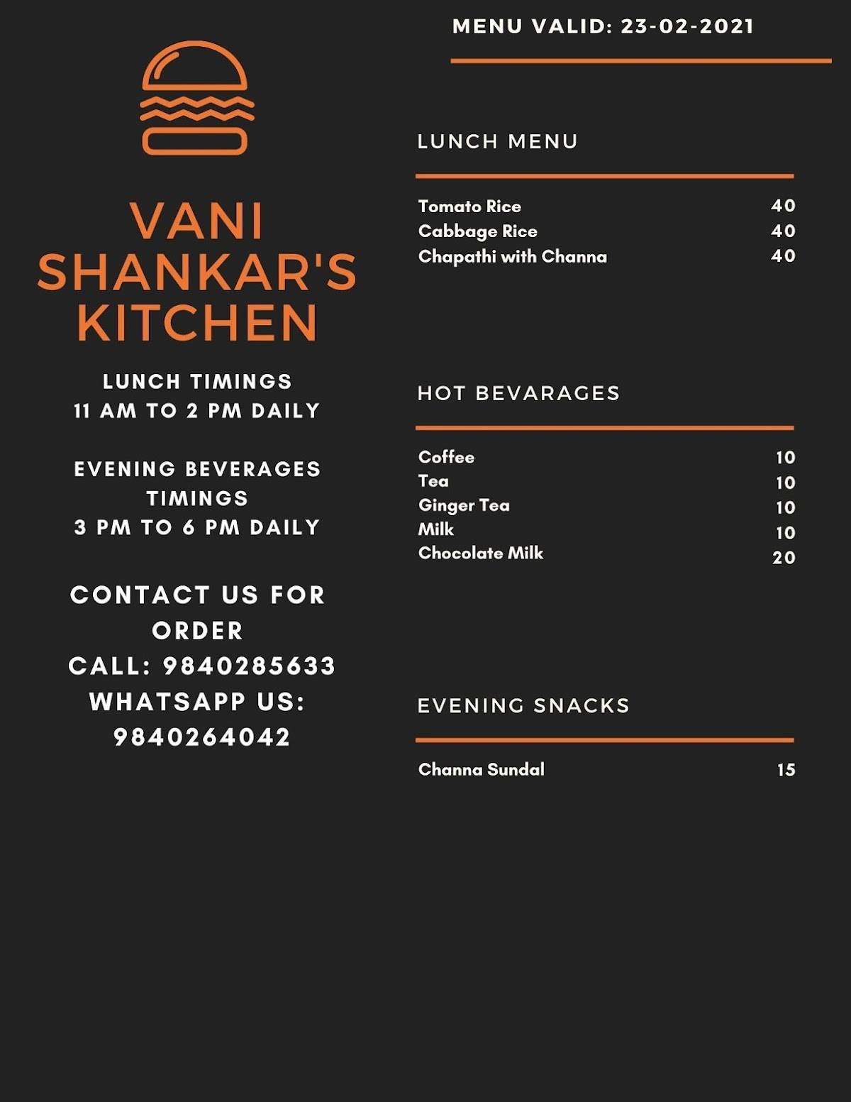 Vani Shankar's Kitchen menu
