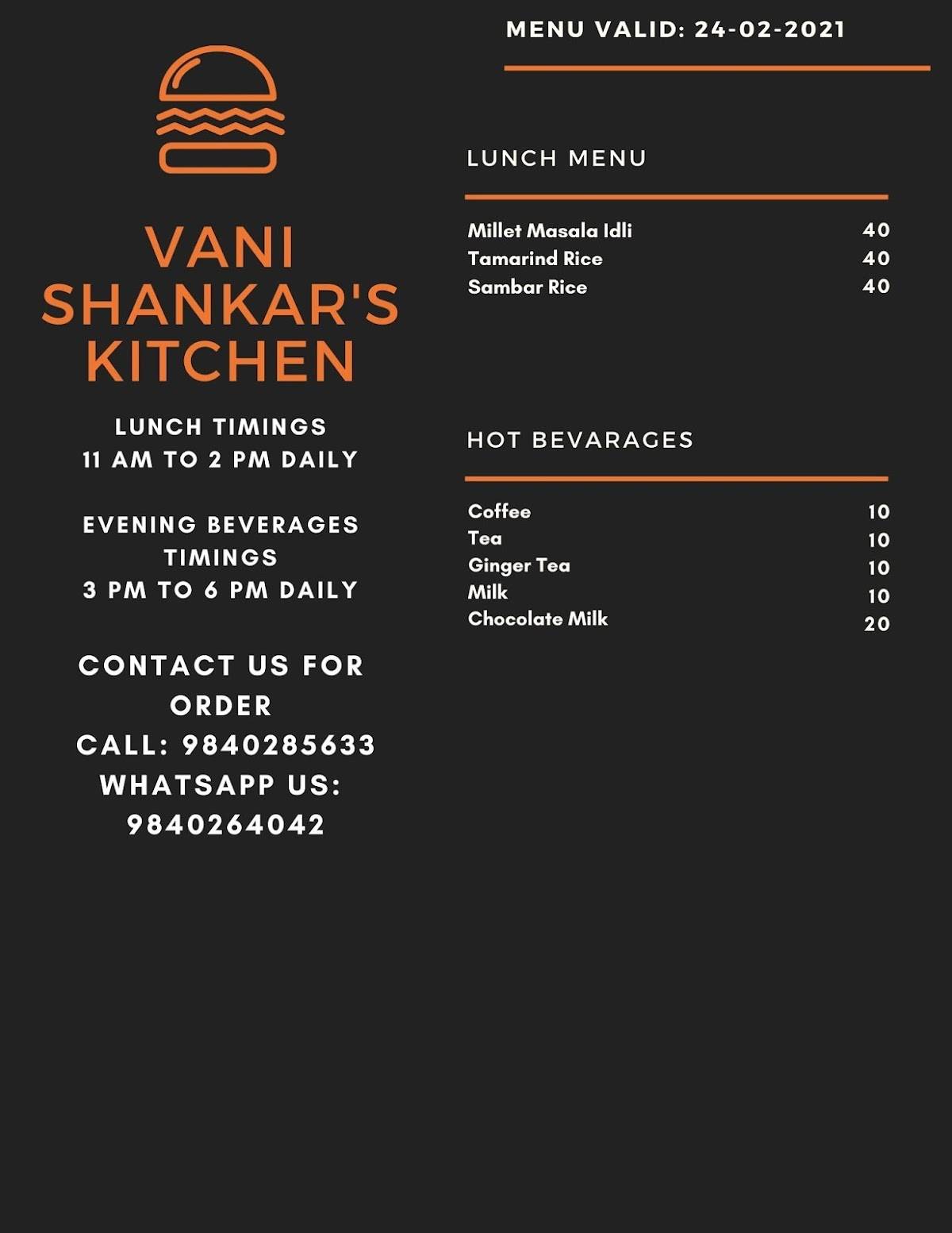 Vani Shankar's Kitchen menu