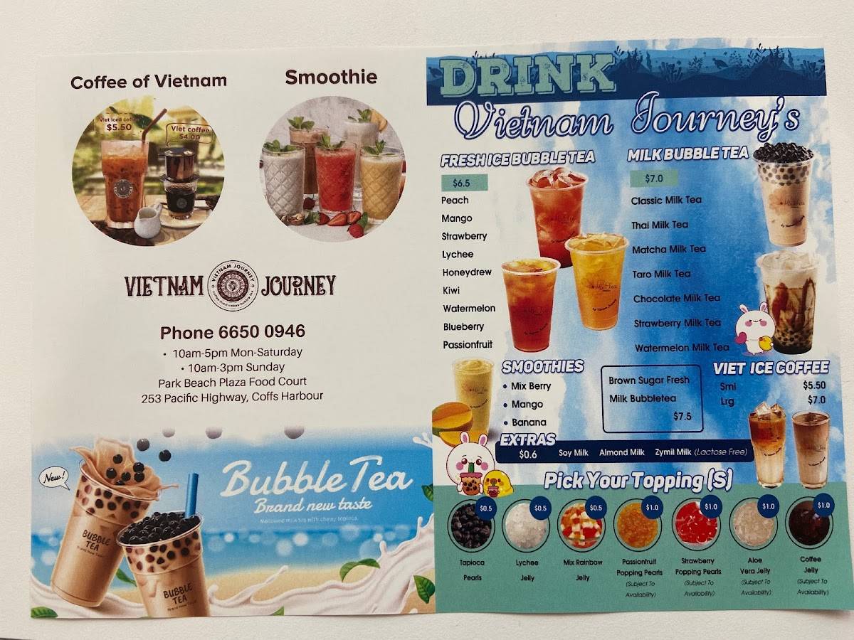 Menu at Vietnam Journey & Ms Tea Bubbletea cafe, Coffs Harbour, Park
