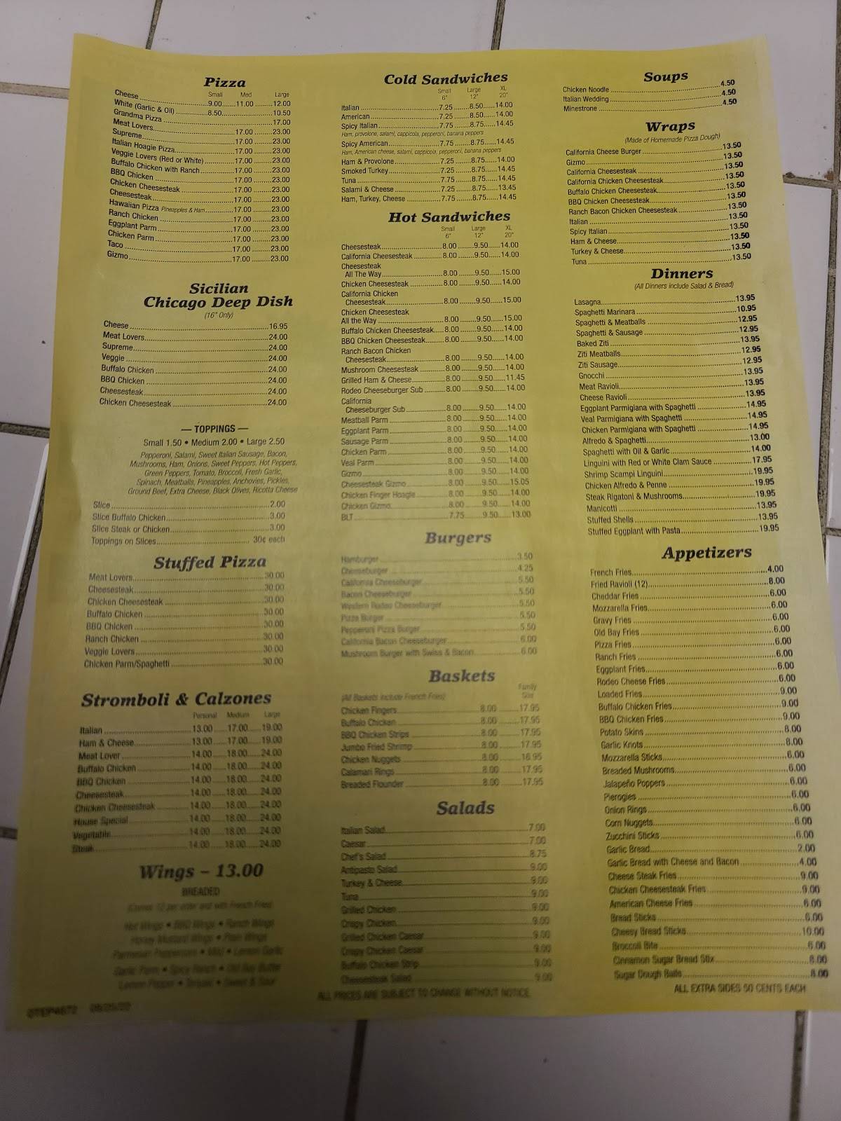 Menu at Vinnie's pizzeria, Birdsboro, 207 N Furnace St