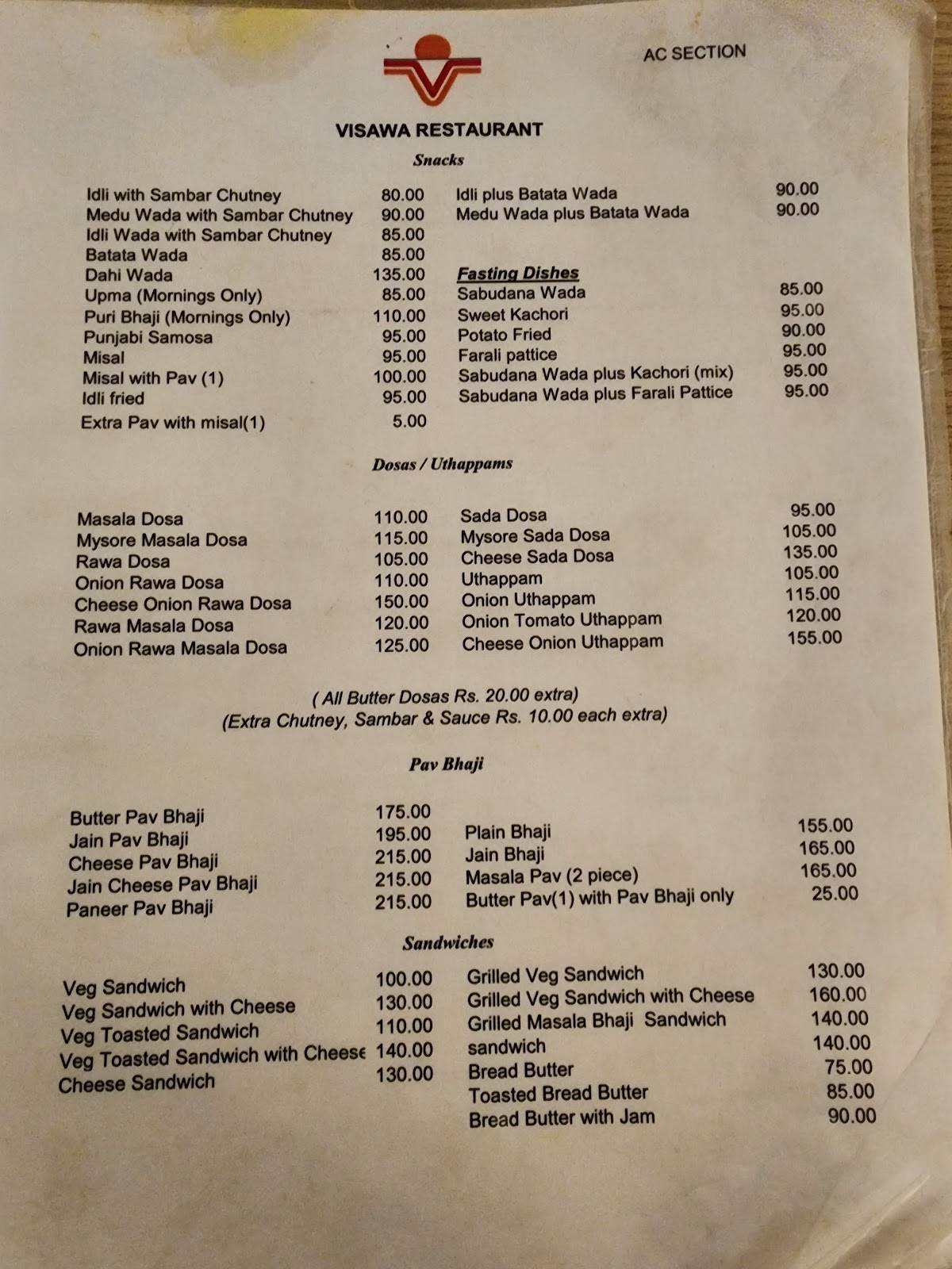 Visawa Restaurant menu
