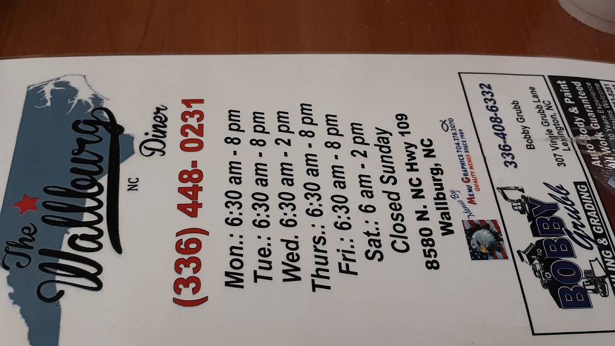 Menu at Wallburg Diner restaurant, Wallburg, NC109