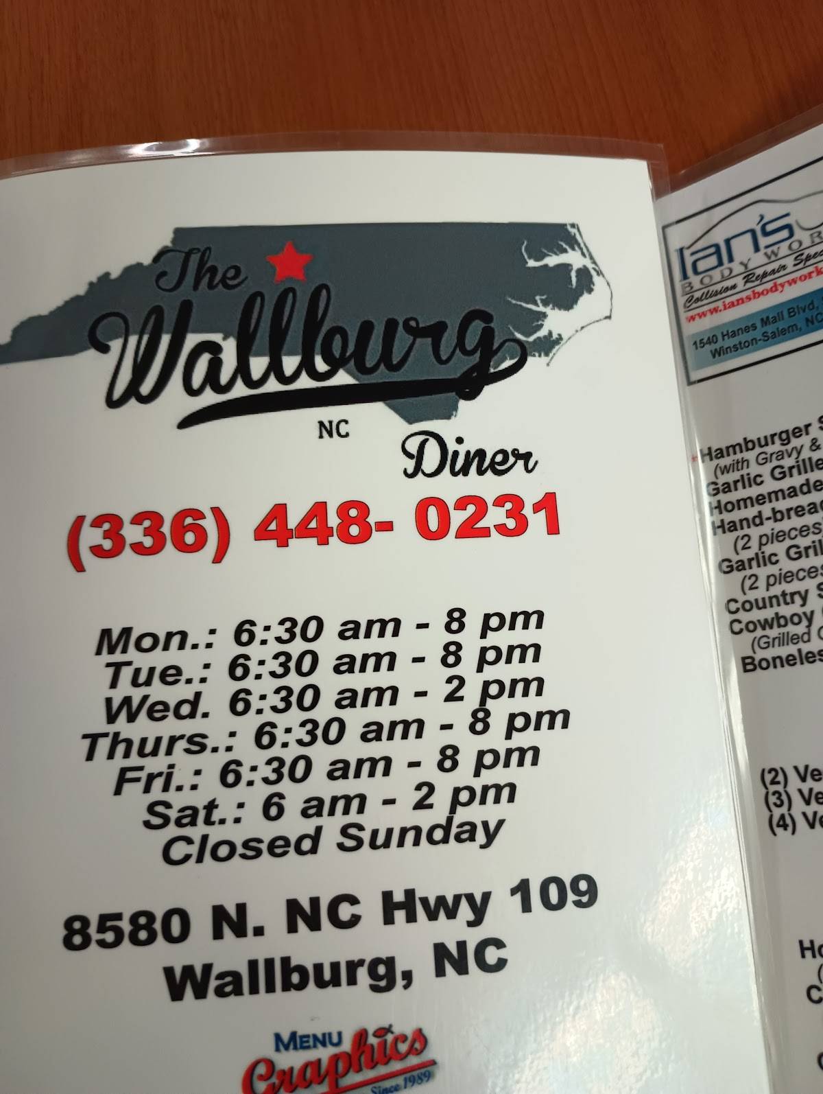 Menu at Wallburg Diner restaurant, Wallburg, NC109