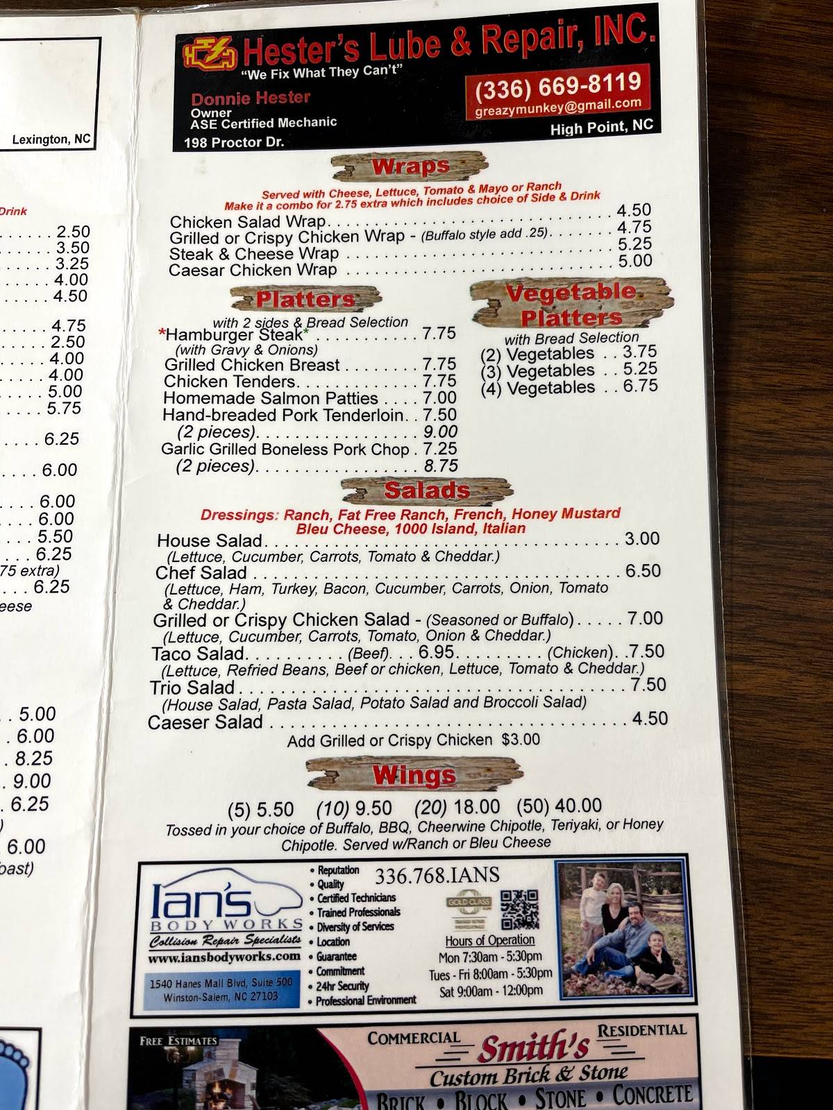 Menu at Wallburg Diner restaurant, Wallburg, NC109