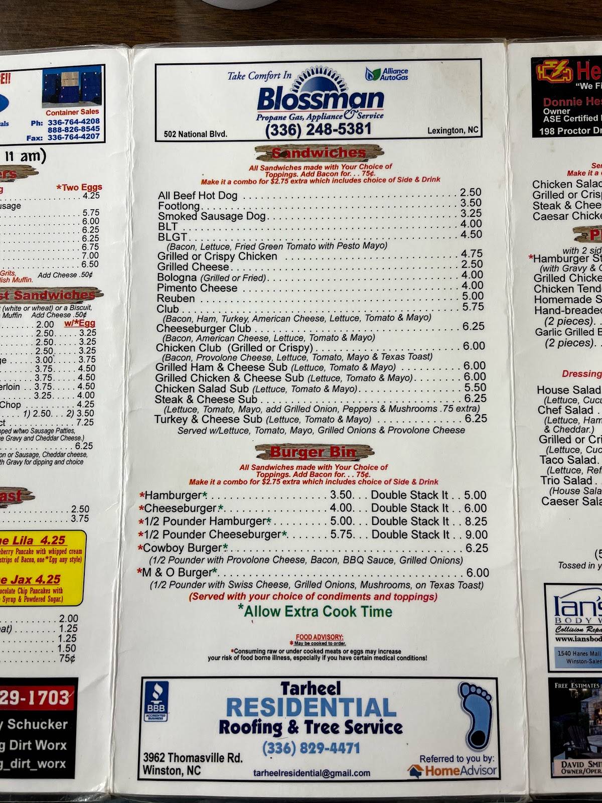 Menu at Wallburg Diner restaurant, Wallburg, NC109