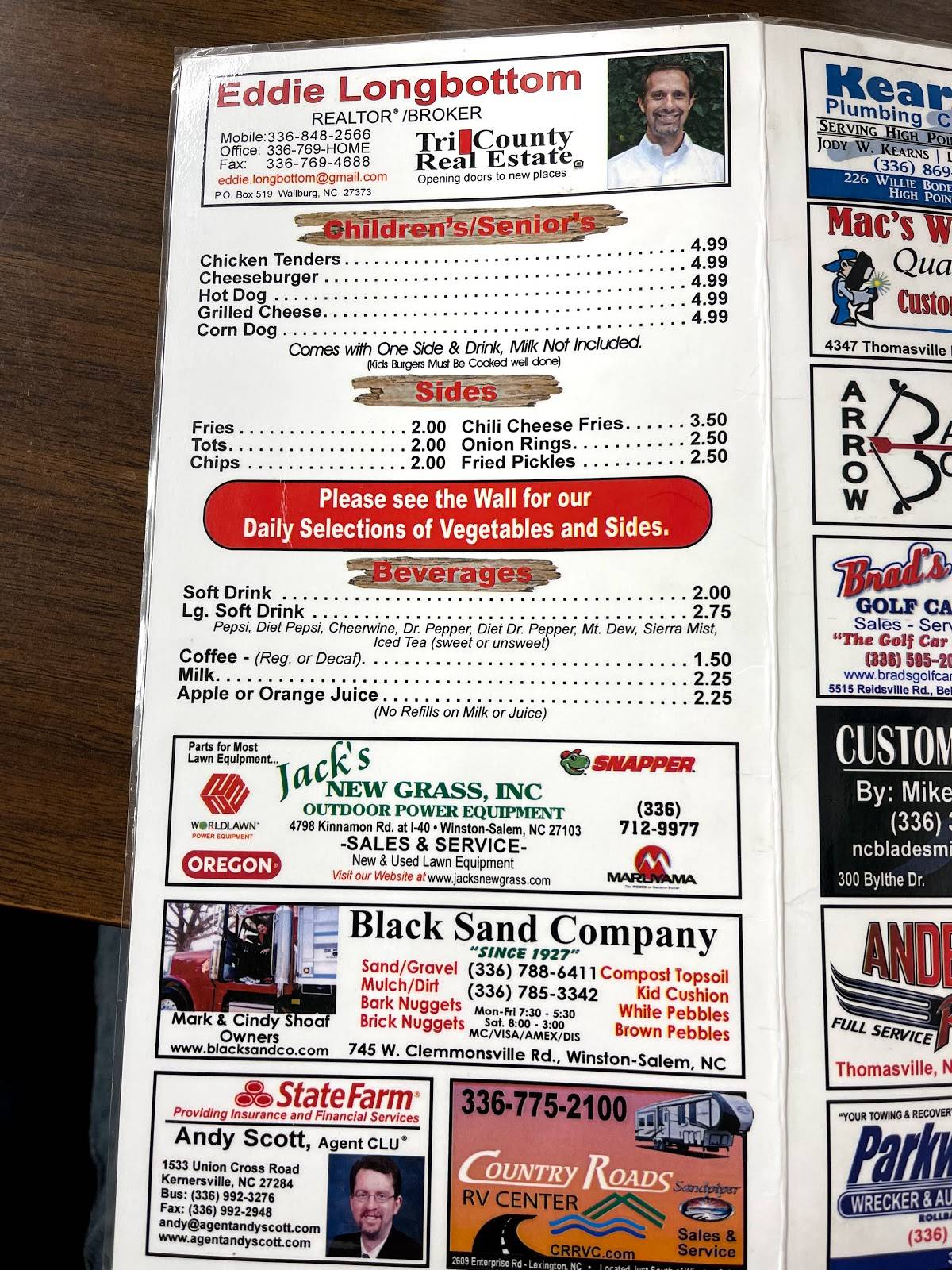 Menu at Wallburg Diner restaurant, Wallburg, NC109