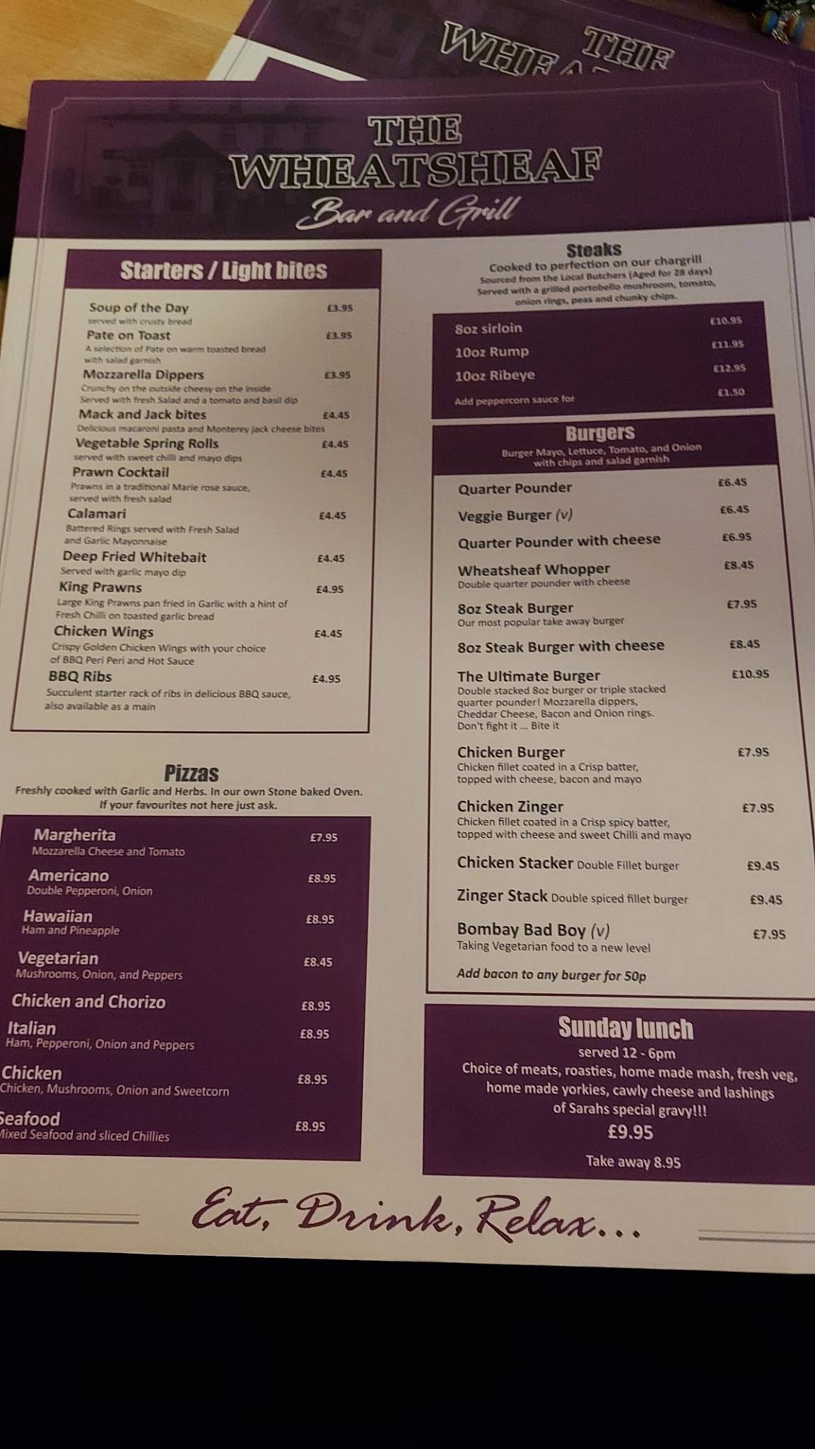 Menu at Wheatsheaf Inn pub & bar, Lymm