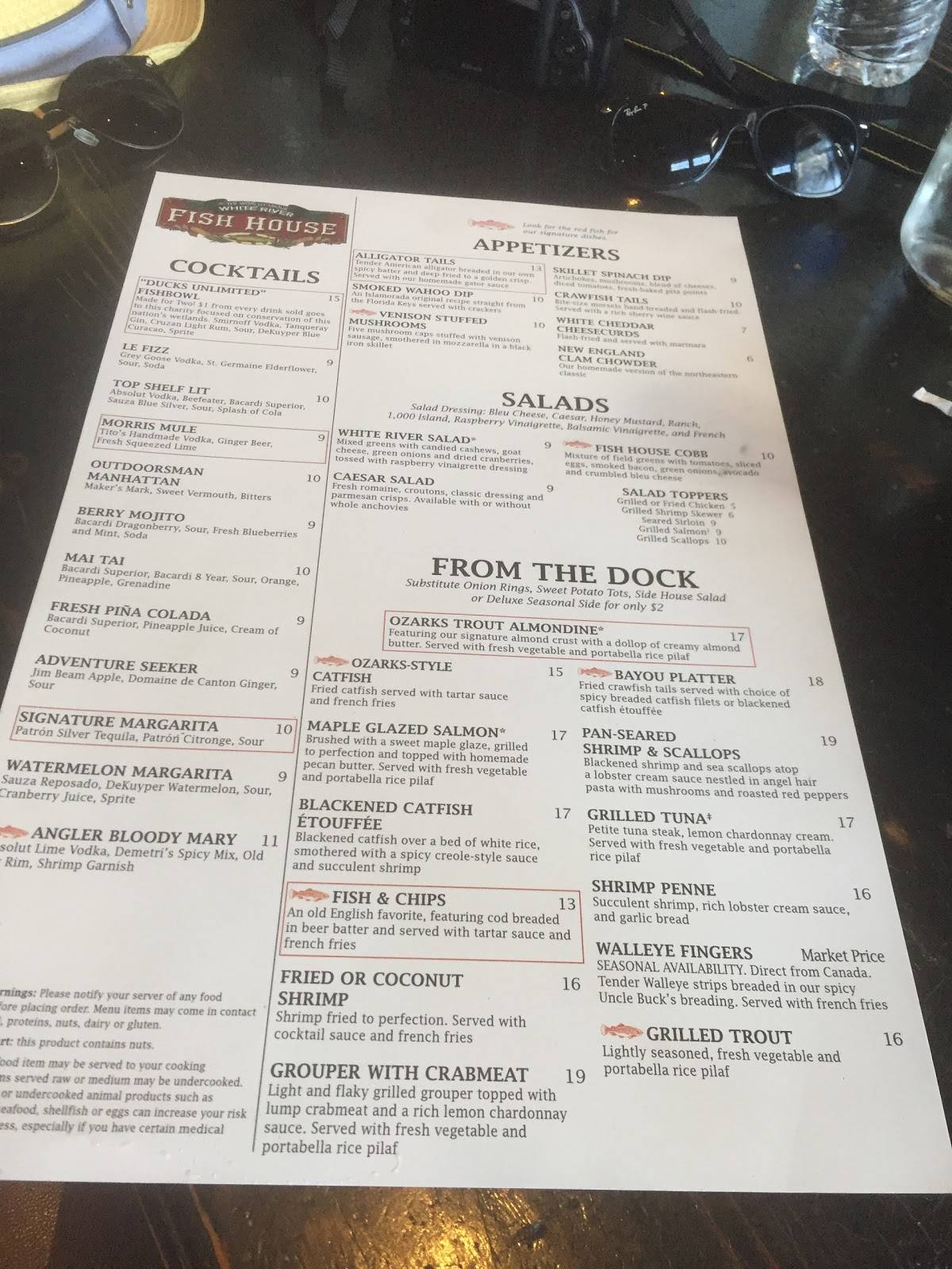 Menu at White River Fish House restaurant, Branson