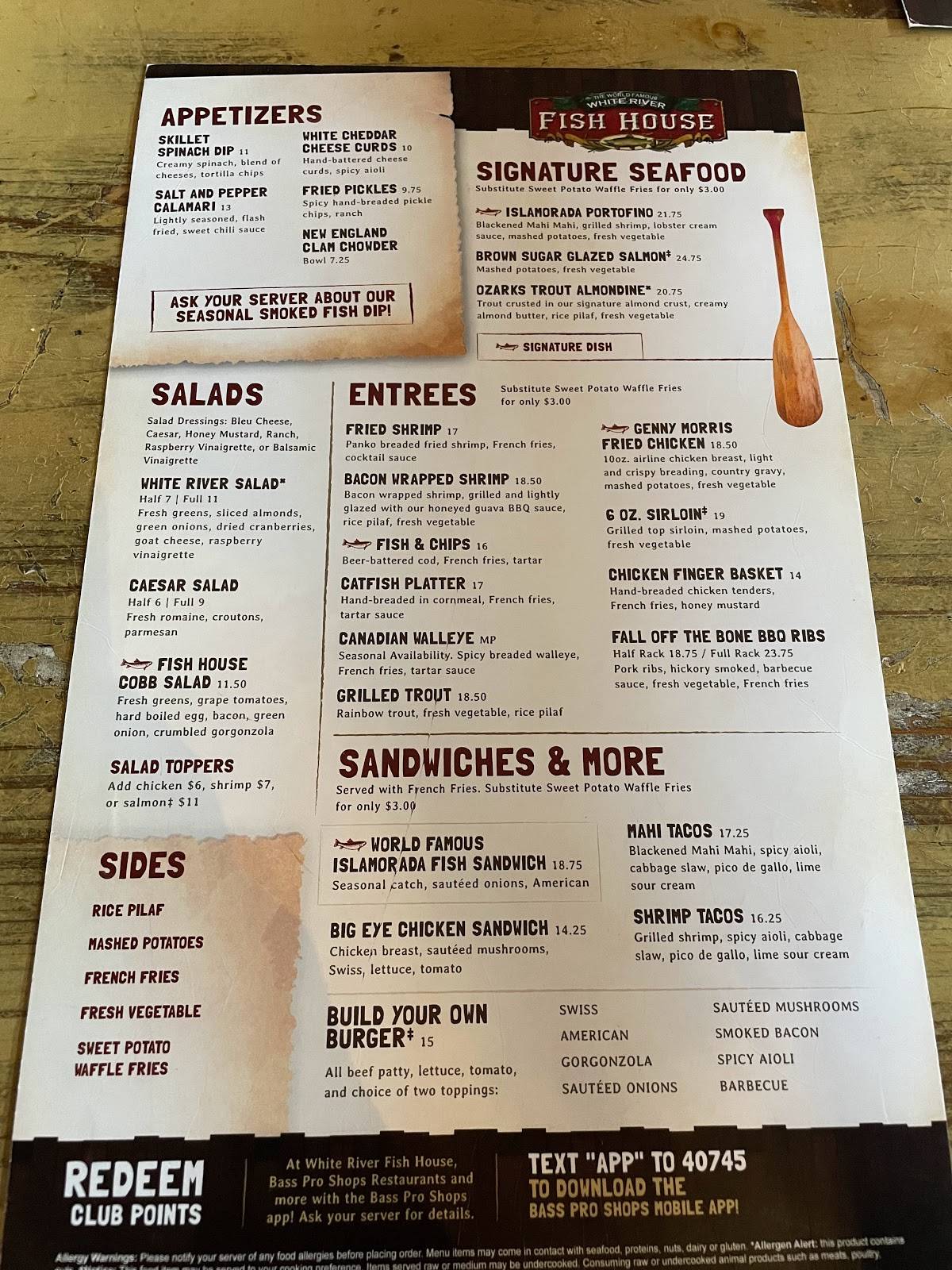 Menu at White River Fish House restaurant, Branson