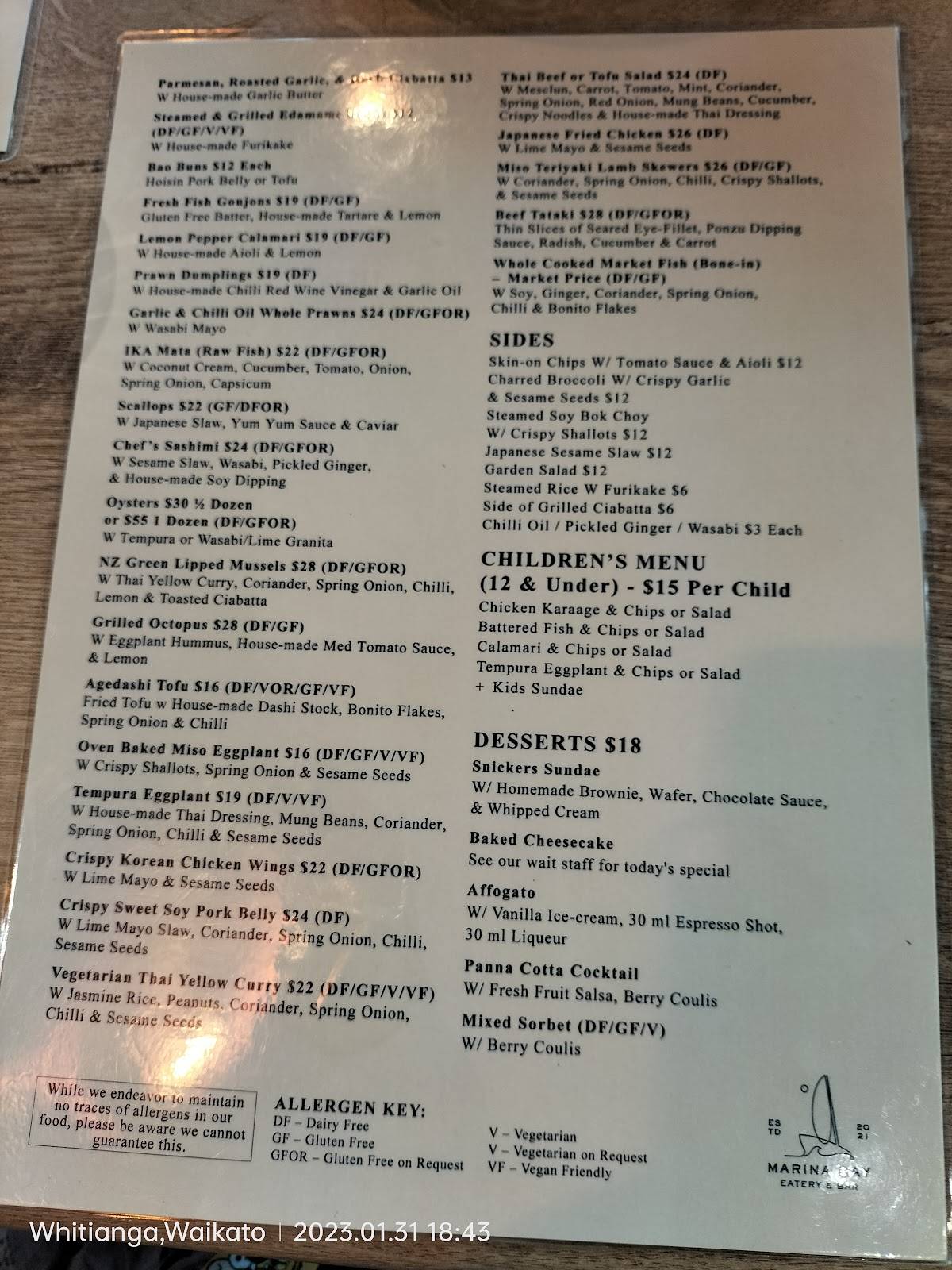 Menu at Marina Bay Eatery (Fully Licensed) restaurant, Whitianga