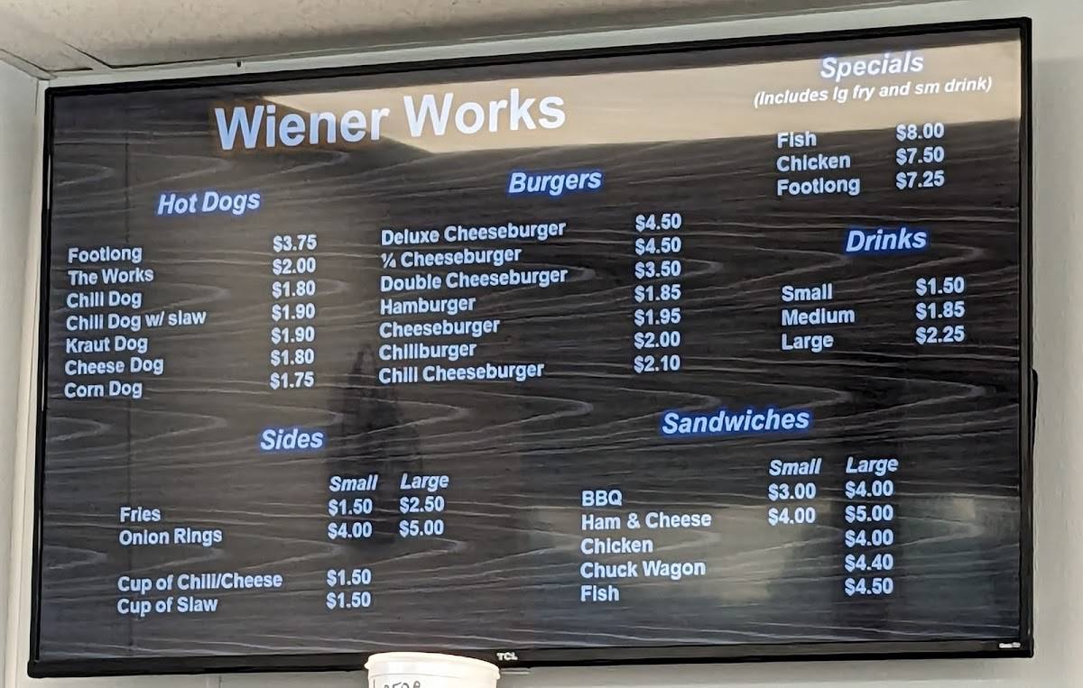 Menu at Wiener Works restaurant, Kings Mountain