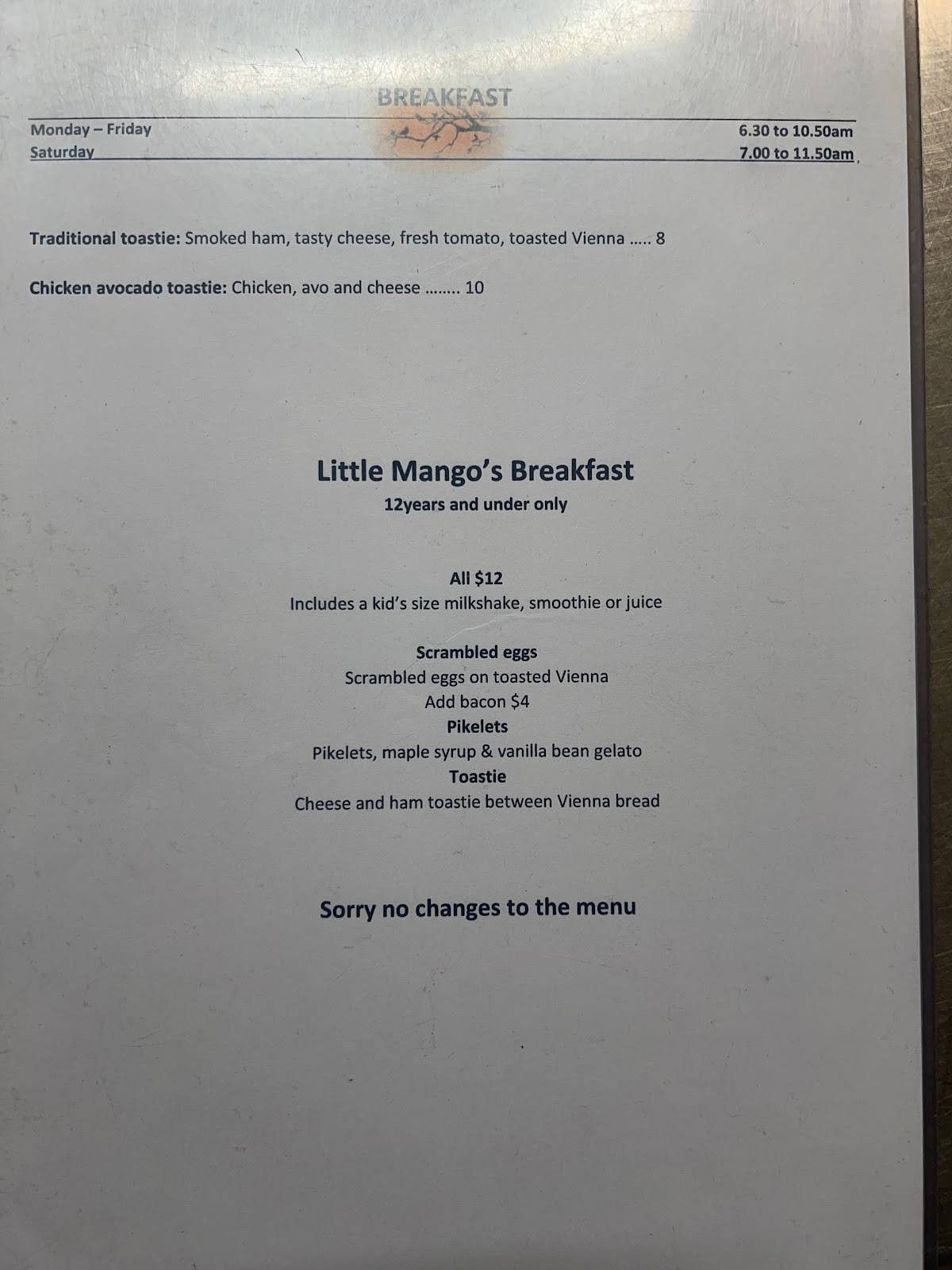 Menu at Wild Mango Cafe, Kununurra
