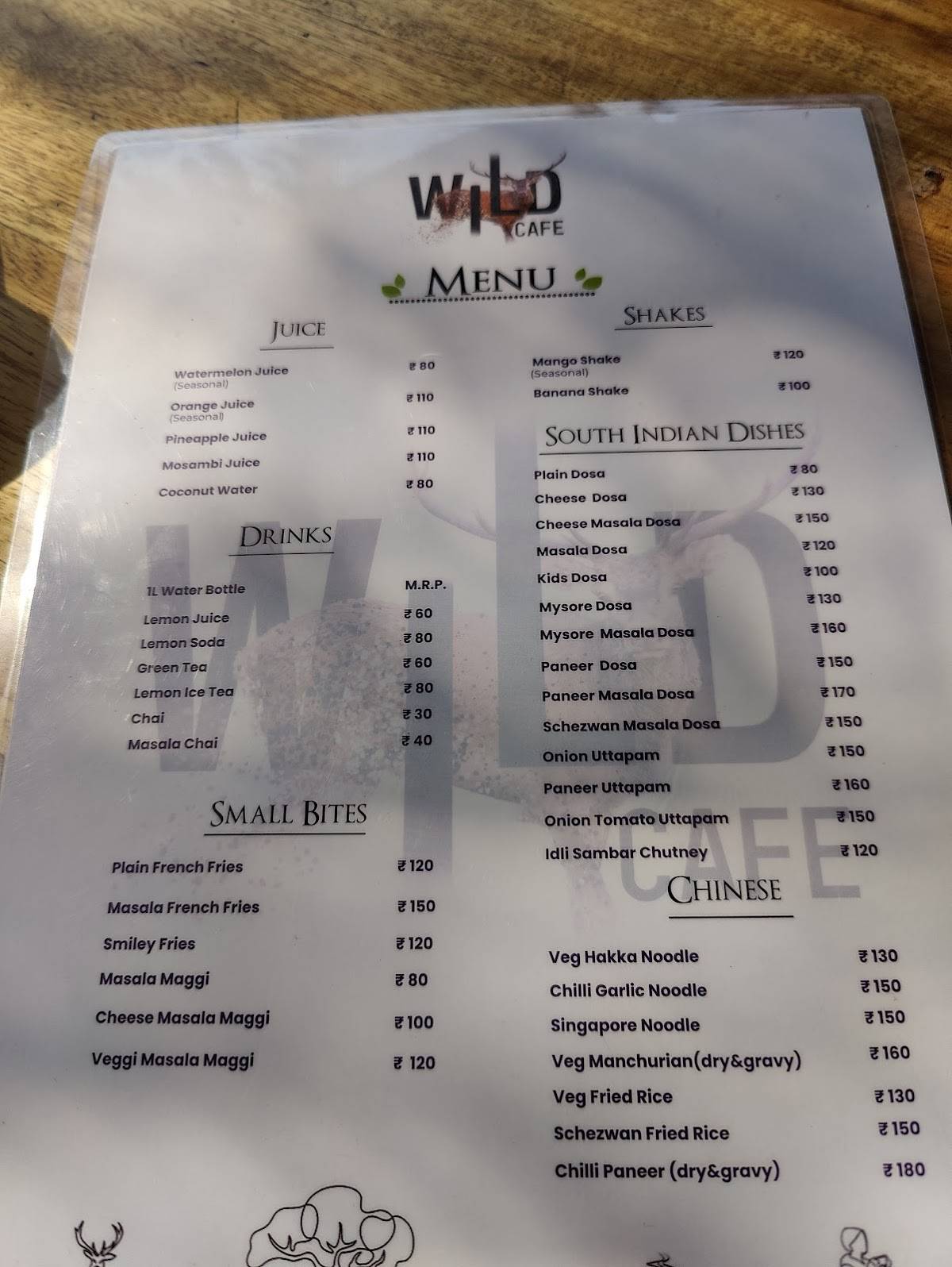 Menu at Wild cafe, Bhopal